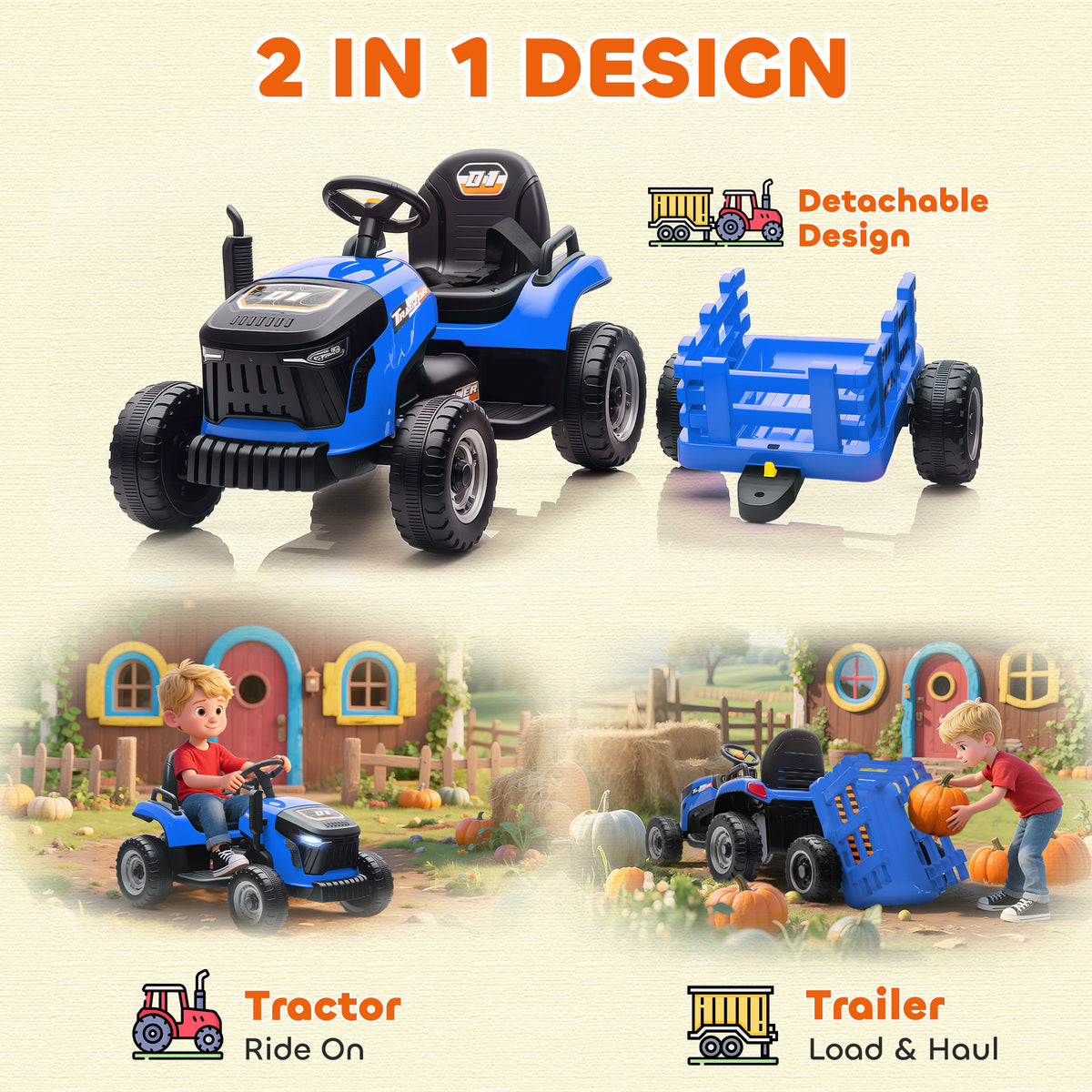 12V Kids Ride On Tractor with Trailor, Remote Control, Music, Lights, Shifter, for Kids Ages 3-8 Years-Toys & Games > Baby & Toddler Toys > Riding & Rocking Toys > Toy Excavators-DECOROLALA