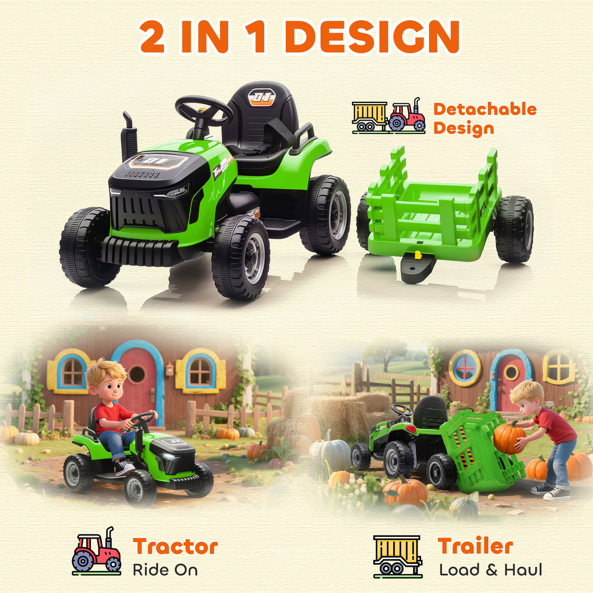 12V Kids Ride On Tractor with Trailor, Remote Control, Music, Lights, Shifter, for Kids Ages 3-8 Years-Toys & Games > Baby & Toddler Toys > Riding & Rocking Toys > Toy Excavators-DECOROLALA