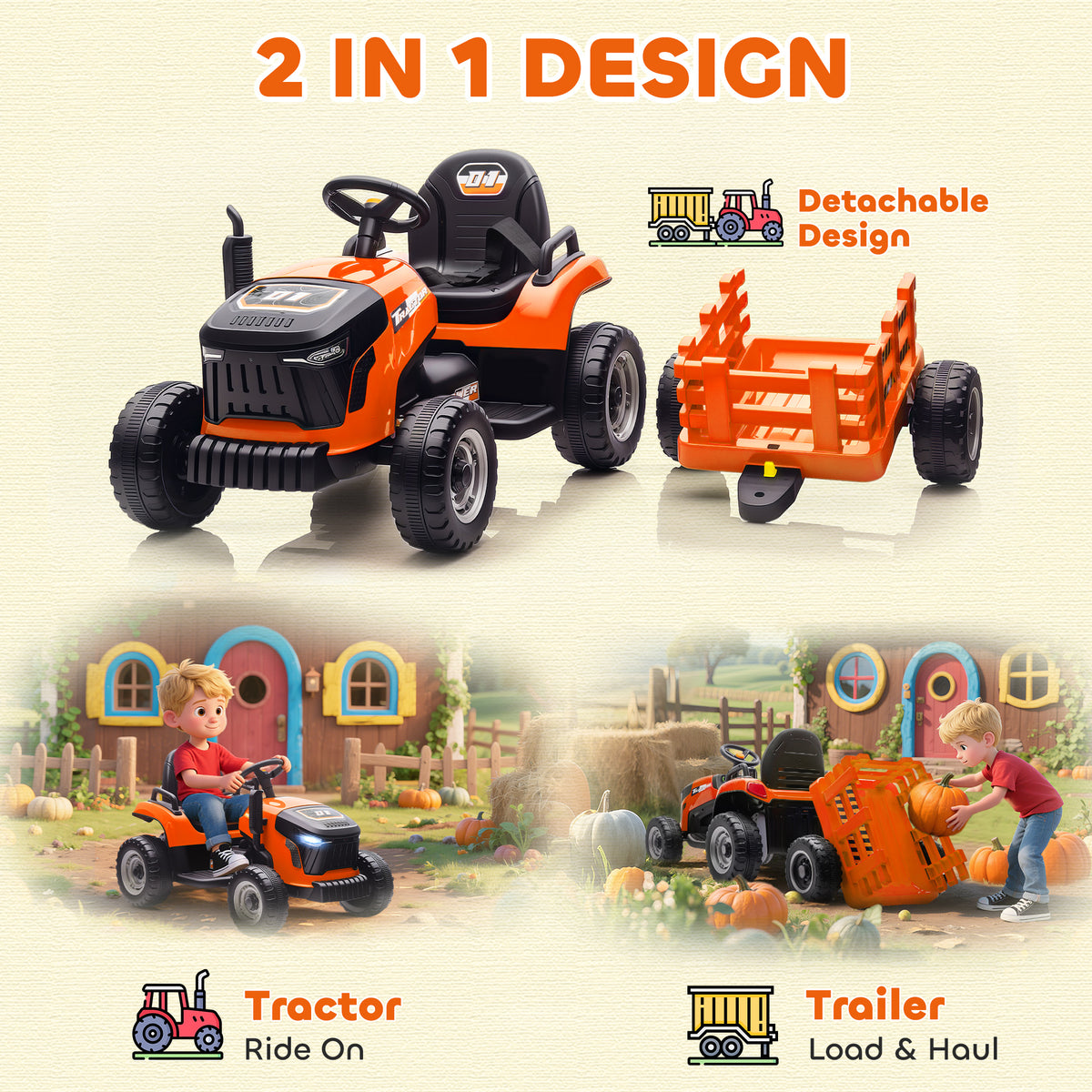 12V Kids Ride On Tractor with Trailor, Remote Control, Music, Lights, Shifter, for Kids Ages 3-8 Years-Toys & Games > Baby & Toddler Toys > Riding & Rocking Toys > Toy Excavators-DECOROLALA