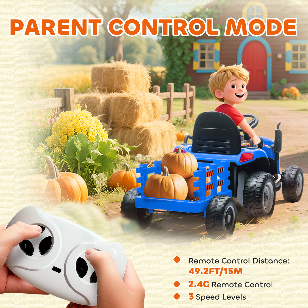 12V Kids Ride On Tractor with Trailor, Remote Control, Music, Lights, Shifter, for Kids Ages 3-8 Years-Toys & Games > Baby & Toddler Toys > Riding & Rocking Toys > Toy Excavators-DECOROLALA