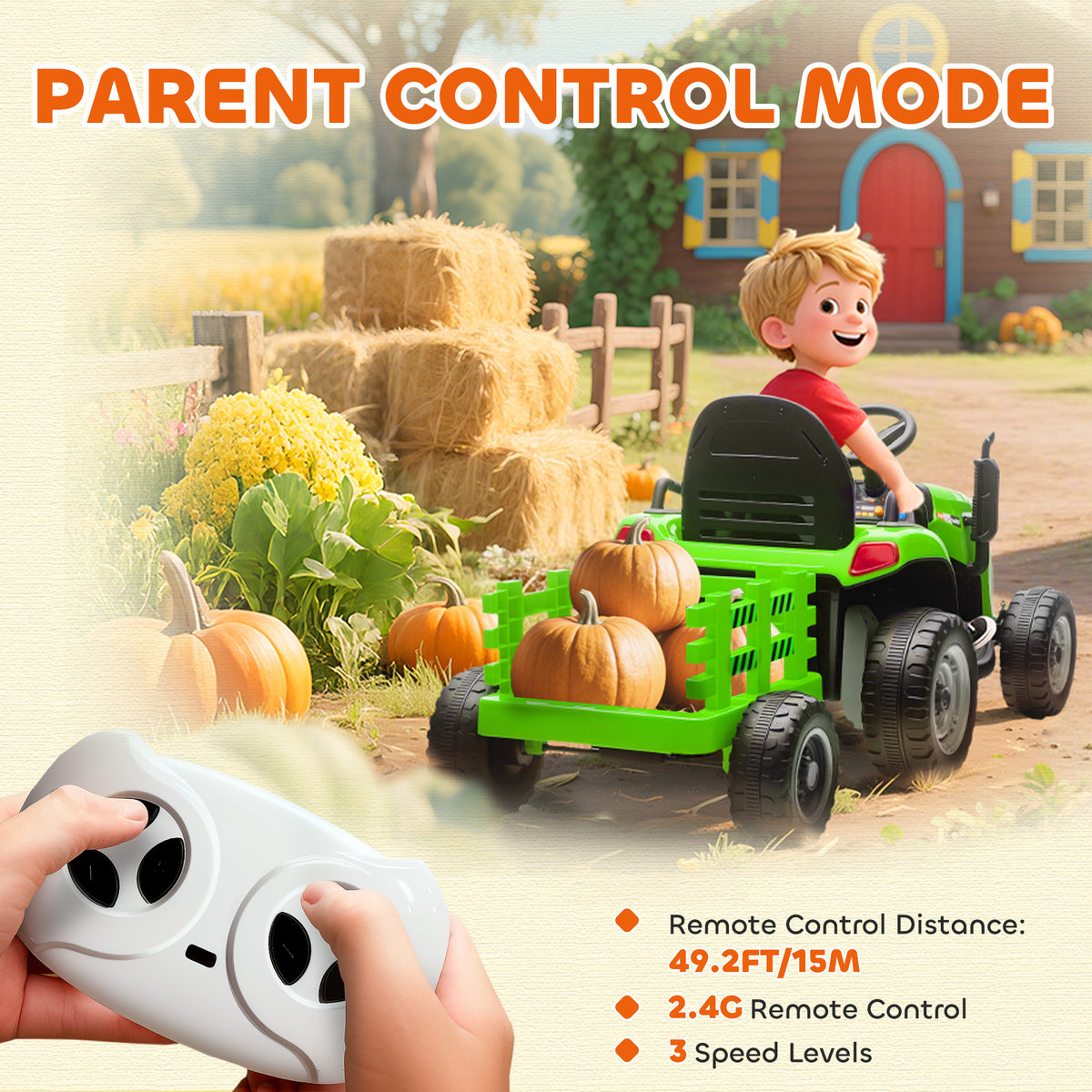 12V Kids Ride On Tractor with Trailor, Remote Control, Music, Lights, Shifter, for Kids Ages 3-8 Years-Toys & Games > Baby & Toddler Toys > Riding & Rocking Toys > Toy Excavators-DECOROLALA