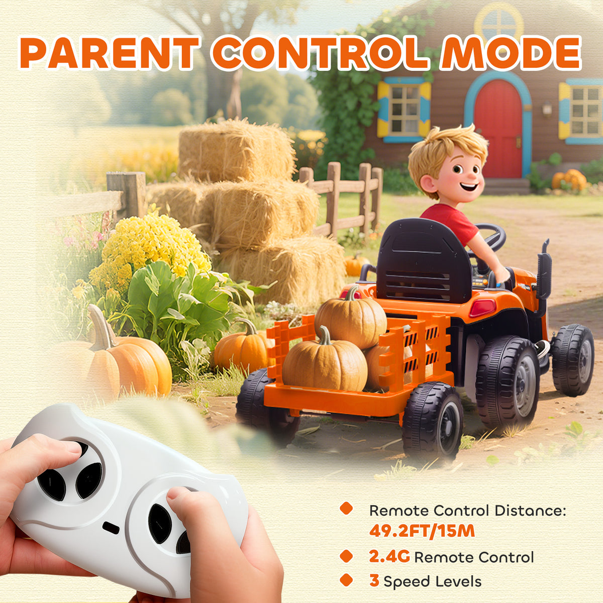 12V Kids Ride On Tractor with Trailor, Remote Control, Music, Lights, Shifter, for Kids Ages 3-8 Years-Toys & Games > Baby & Toddler Toys > Riding & Rocking Toys > Toy Excavators-DECOROLALA