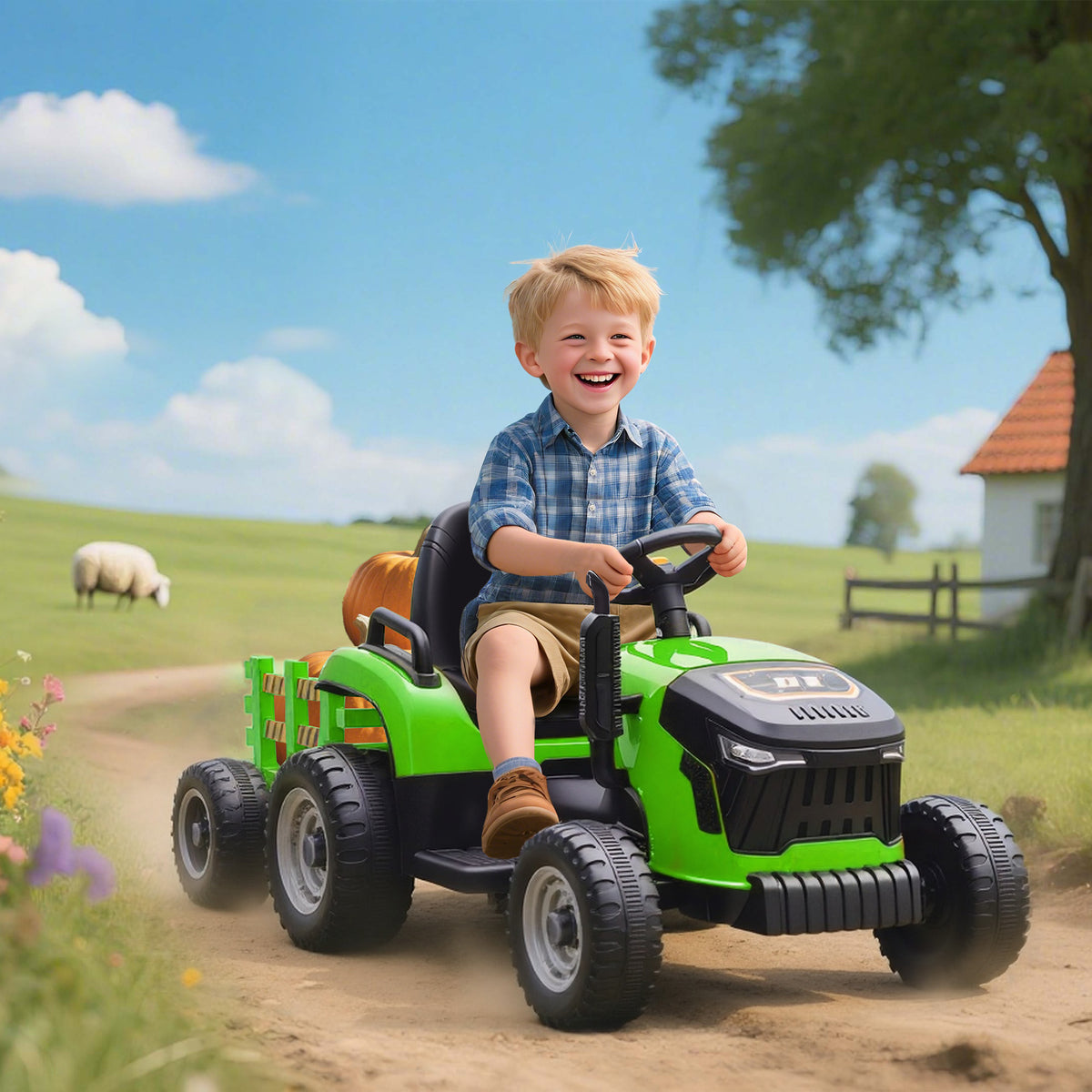 12V Kids Ride On Tractor with Trailor, Remote Control, Music, Lights, Shifter, for Kids Ages 3-8 Years-Toys & Games > Baby & Toddler Toys > Riding & Rocking Toys > Toy Excavators-DECOROLALA