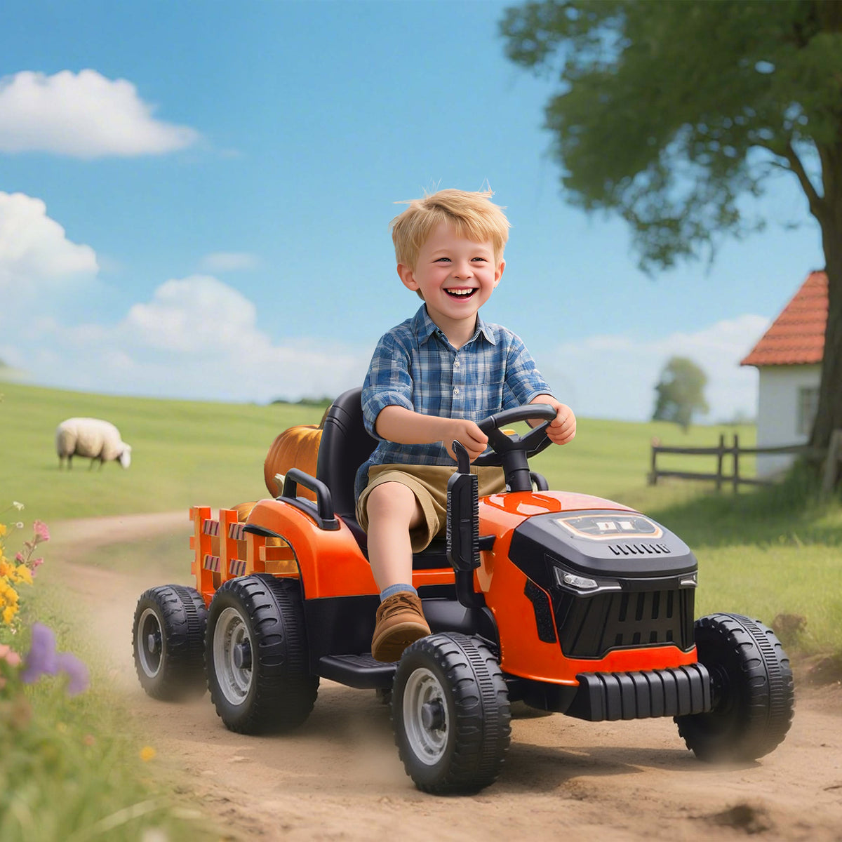 12V Kids Ride On Tractor with Trailor, Remote Control, Music, Lights, Shifter, for Kids Ages 3-8 Years-Toys & Games > Baby & Toddler Toys > Riding & Rocking Toys > Toy Excavators-DECOROLALA
