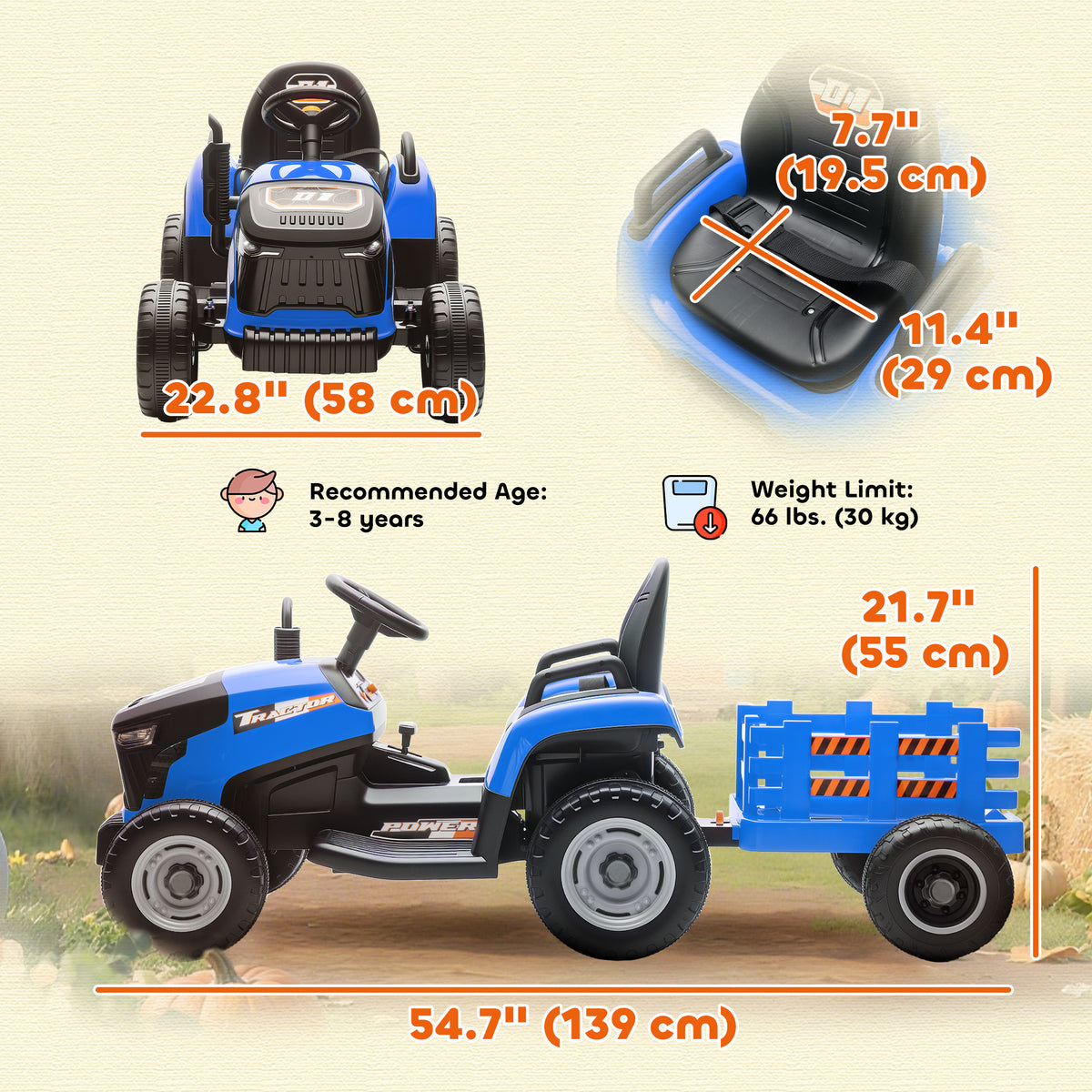 12V Kids Ride On Tractor with Trailor, Remote Control, Music, Lights, Shifter, for Kids Ages 3-8 Years-Toys & Games > Baby & Toddler Toys > Riding & Rocking Toys > Toy Excavators-DECOROLALA