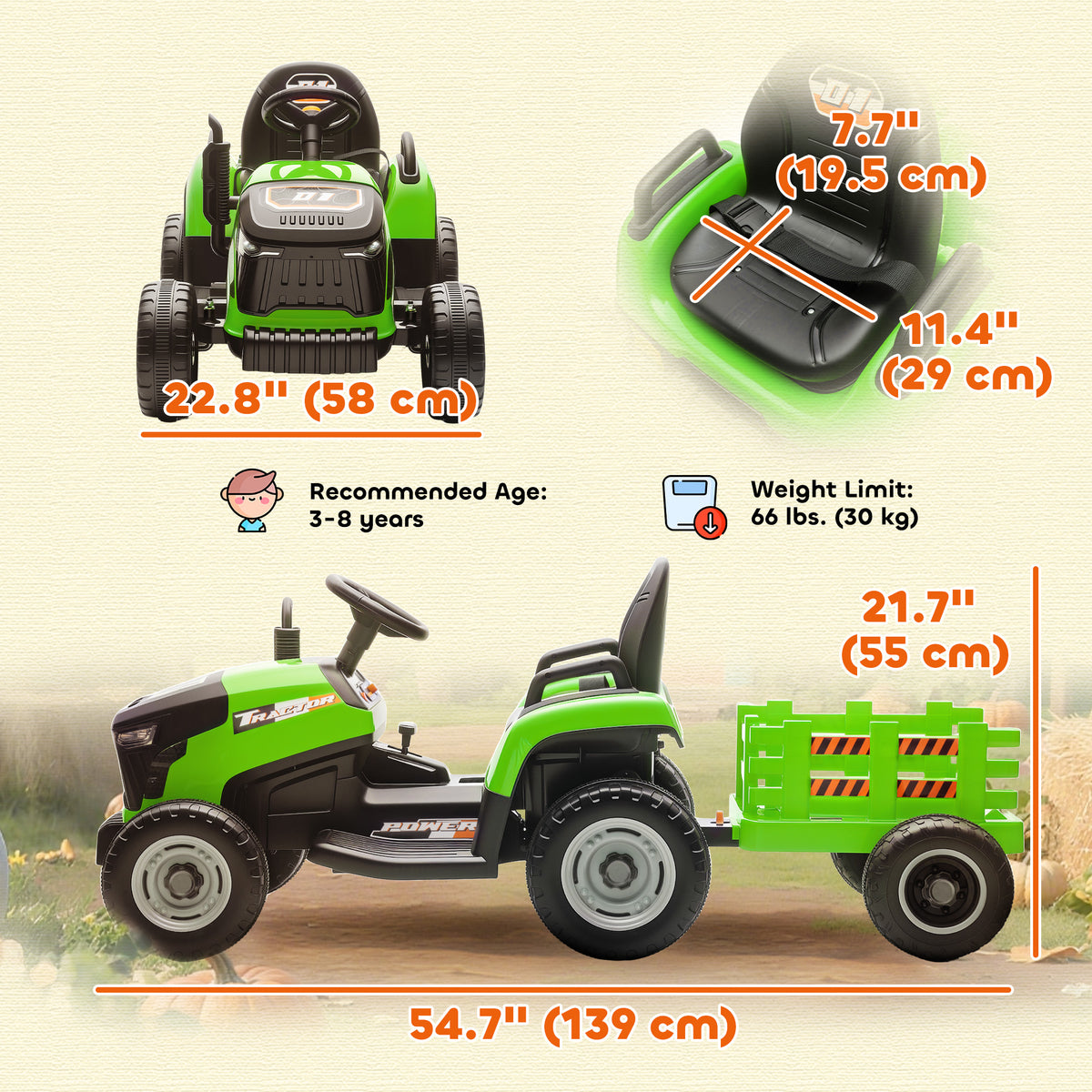12V Kids Ride On Tractor with Trailor, Remote Control, Music, Lights, Shifter, for Kids Ages 3-8 Years-Toys & Games > Baby & Toddler Toys > Riding & Rocking Toys > Toy Excavators-DECOROLALA