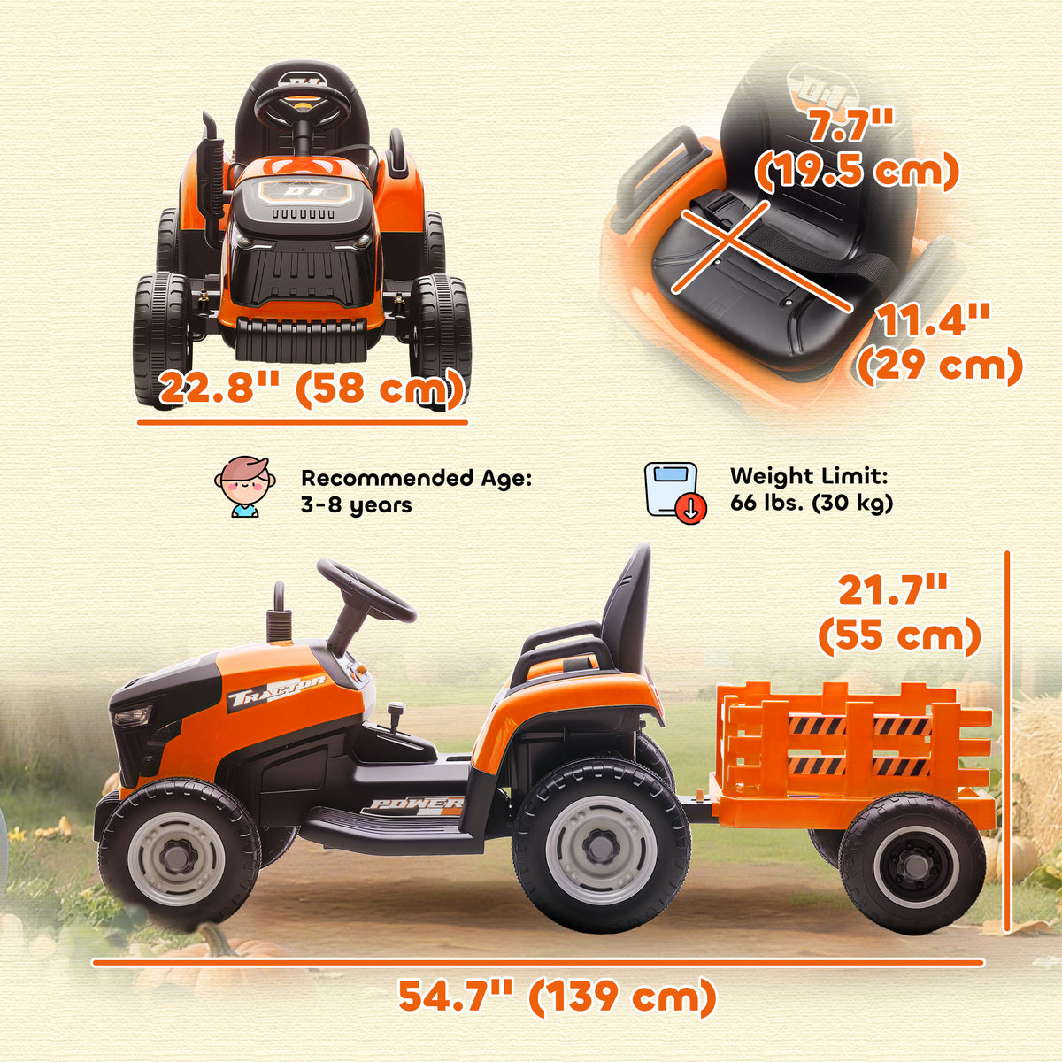 12V Kids Ride On Tractor with Trailor, Remote Control, Music, Lights, Shifter, for Kids Ages 3-8 Years-Toys & Games > Baby & Toddler Toys > Riding & Rocking Toys > Toy Excavators-DECOROLALA