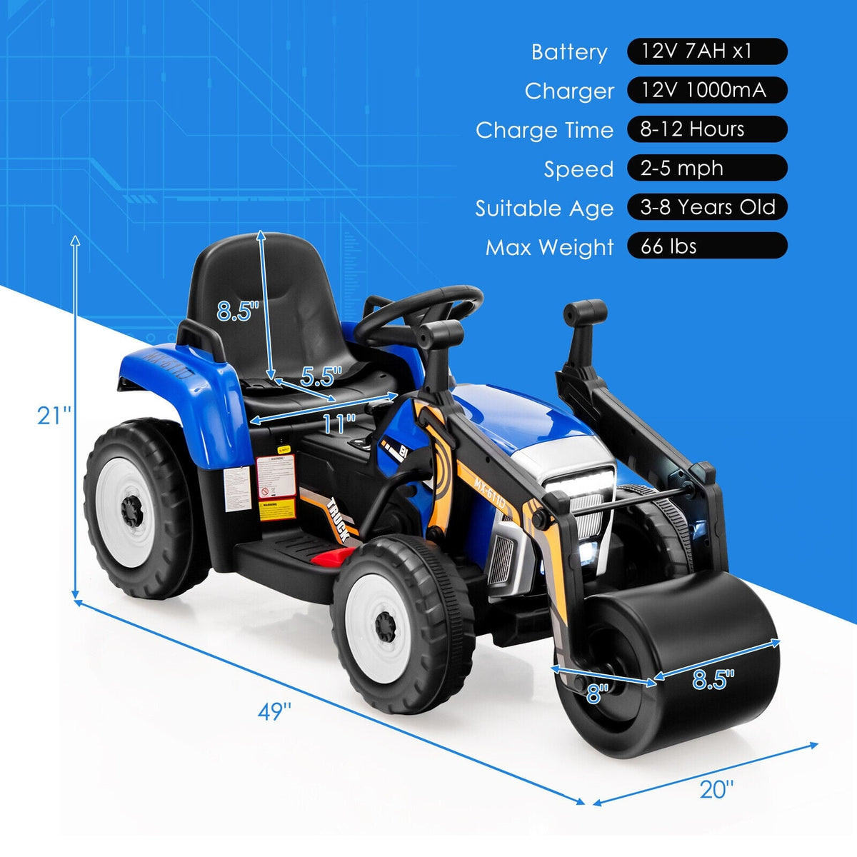 12V Kids Ride-On Road Roller with 2.4G Remote Control