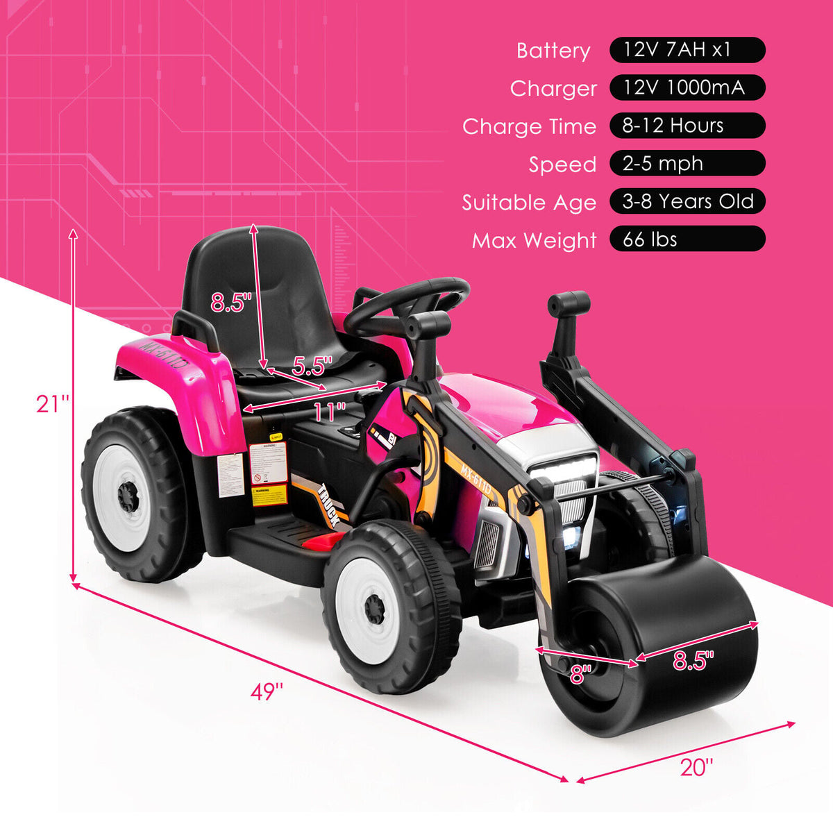 12V Kids Ride-On Road Roller with 2.4G Remote Control