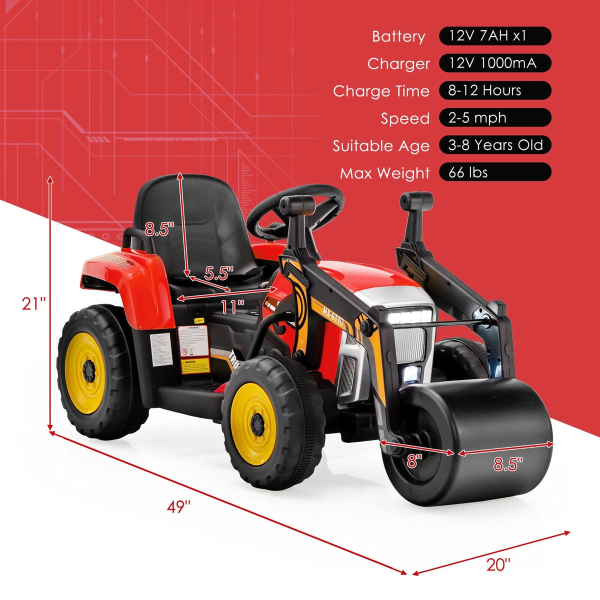 12V Kids Ride-On Road Roller with 2.4G Remote Control