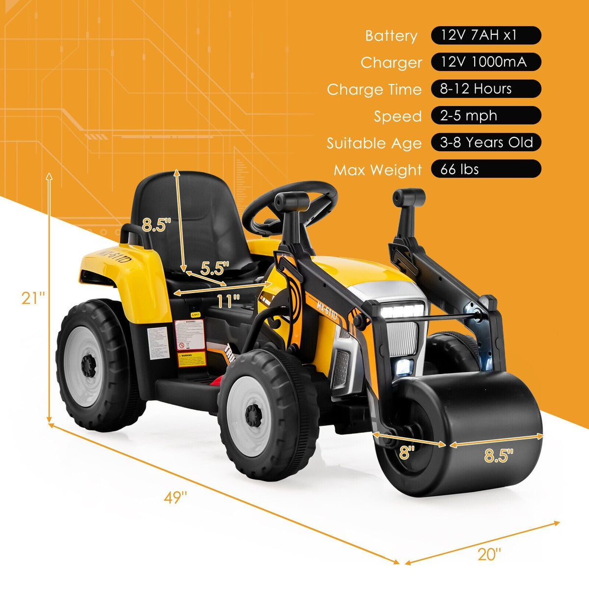 12V Kids Ride-On Road Roller with 2.4G Remote Control