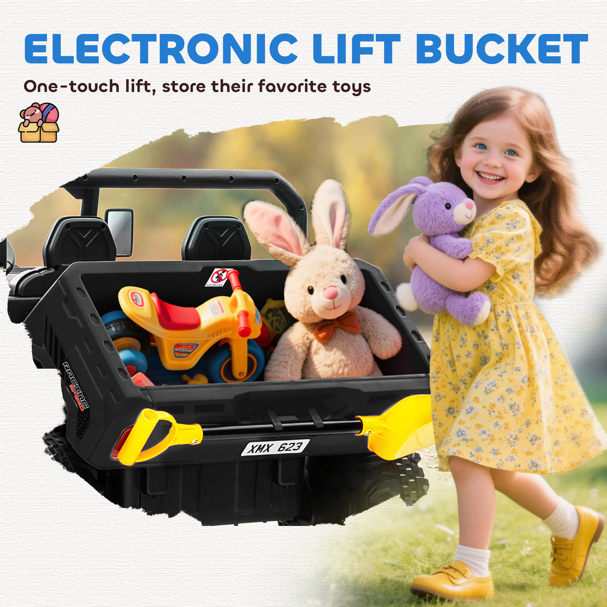 12V Ride on Car with Electric Bucket, Two-Seater, Shovel, Remote Control, Spring Suspension, Horn, Music-Toys & Games > Baby & Toddler Toys > Electric Ride-On Toys > Electric Toy Cars-DECOROLALA
