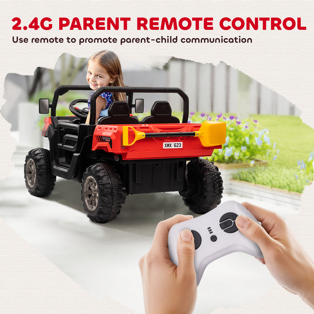 12V Ride on Car with Electric Bucket, Two-Seater, Shovel, Remote Control, Spring Suspension, Horn, Music-Toys & Games > Baby & Toddler Toys > Electric Ride-On Toys > Electric Toy Cars-DECOROLALA