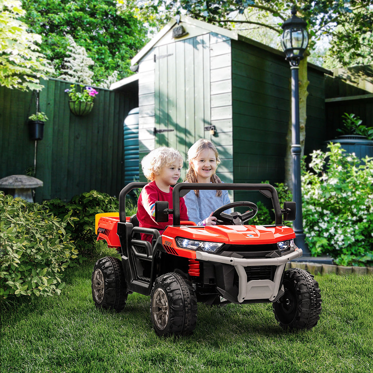 12V Ride on Car with Electric Bucket, Two-Seater, Shovel, Remote Control, Spring Suspension, Horn, Music-Toys & Games > Baby & Toddler Toys > Electric Ride-On Toys > Electric Toy Cars-DECOROLALA