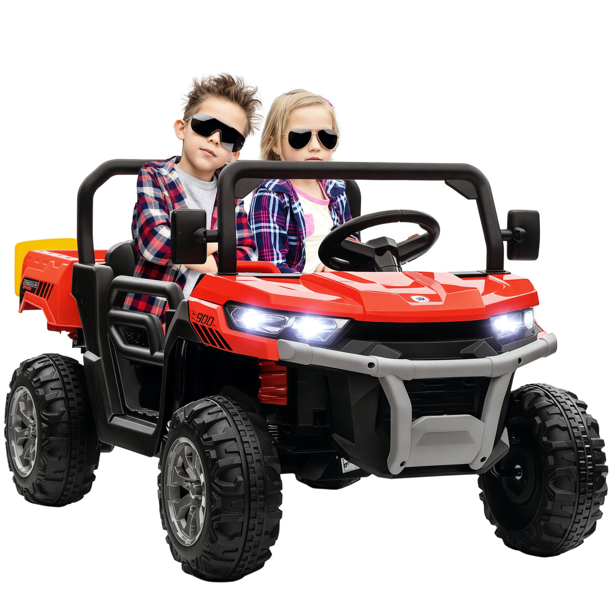 12V Ride on Car with Electric Bucket, Two-Seater, Shovel, Remote Control, Spring Suspension, Horn, Music-Toys & Games > Baby & Toddler Toys > Electric Ride-On Toys > Electric Toy Cars-DECOROLALA