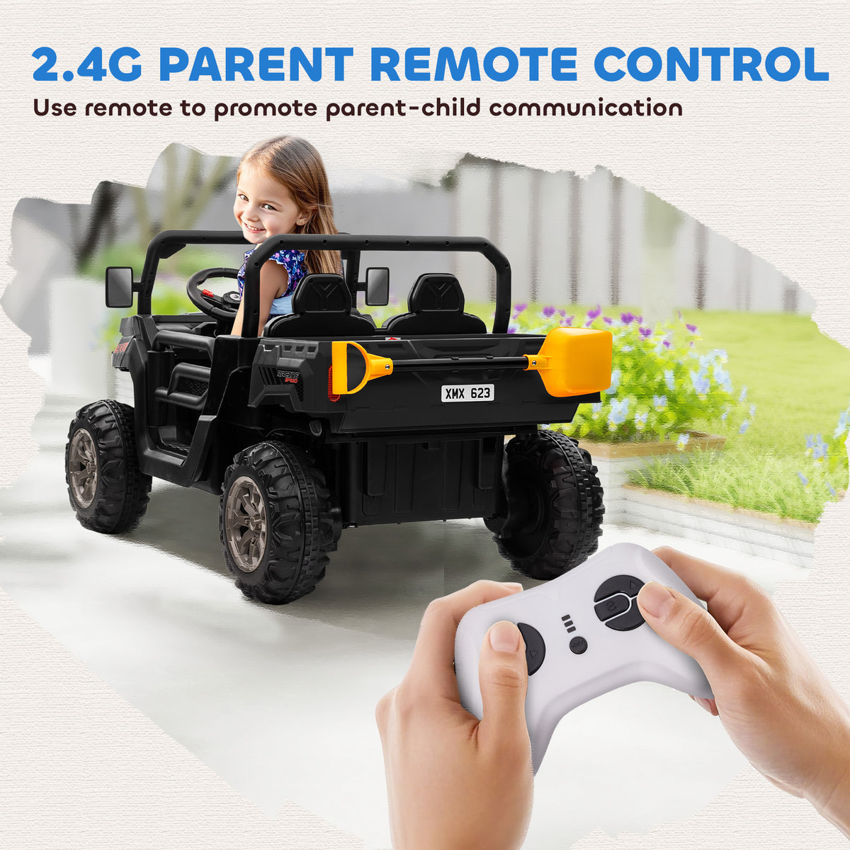 12V Ride on Car with Electric Bucket, Two-Seater, Shovel, Remote Control, Spring Suspension, Horn, Music-Toys & Games > Baby & Toddler Toys > Electric Ride-On Toys > Electric Toy Cars-DECOROLALA