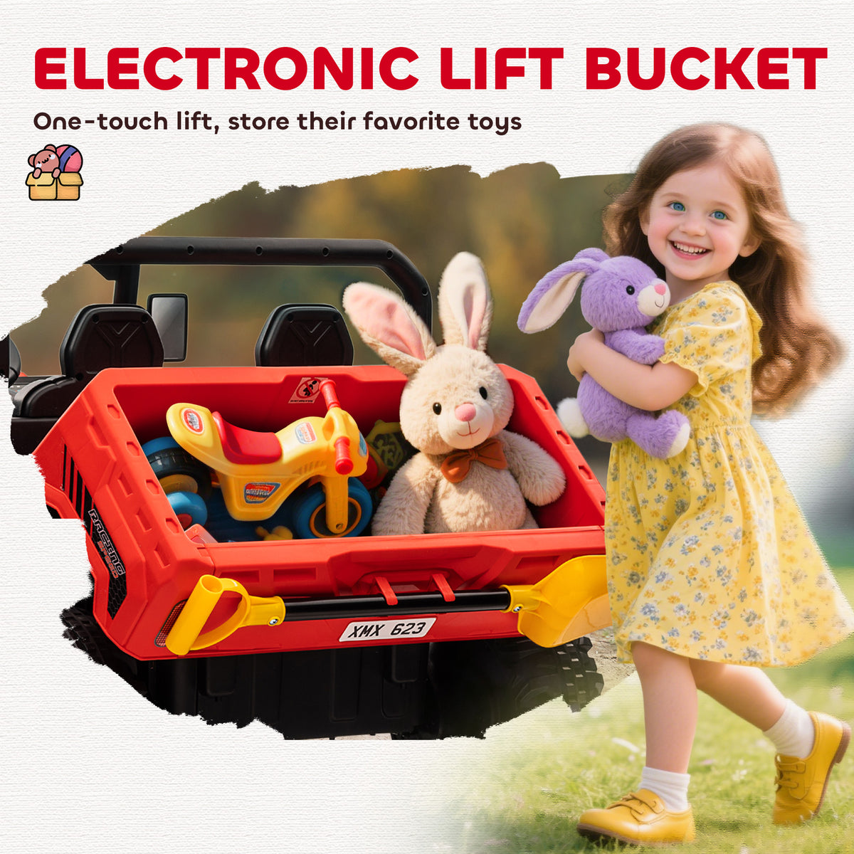 12V Ride on Car with Electric Bucket, Two-Seater, Shovel, Remote Control, Spring Suspension, Horn, Music-Toys & Games > Baby & Toddler Toys > Electric Ride-On Toys > Electric Toy Cars-DECOROLALA