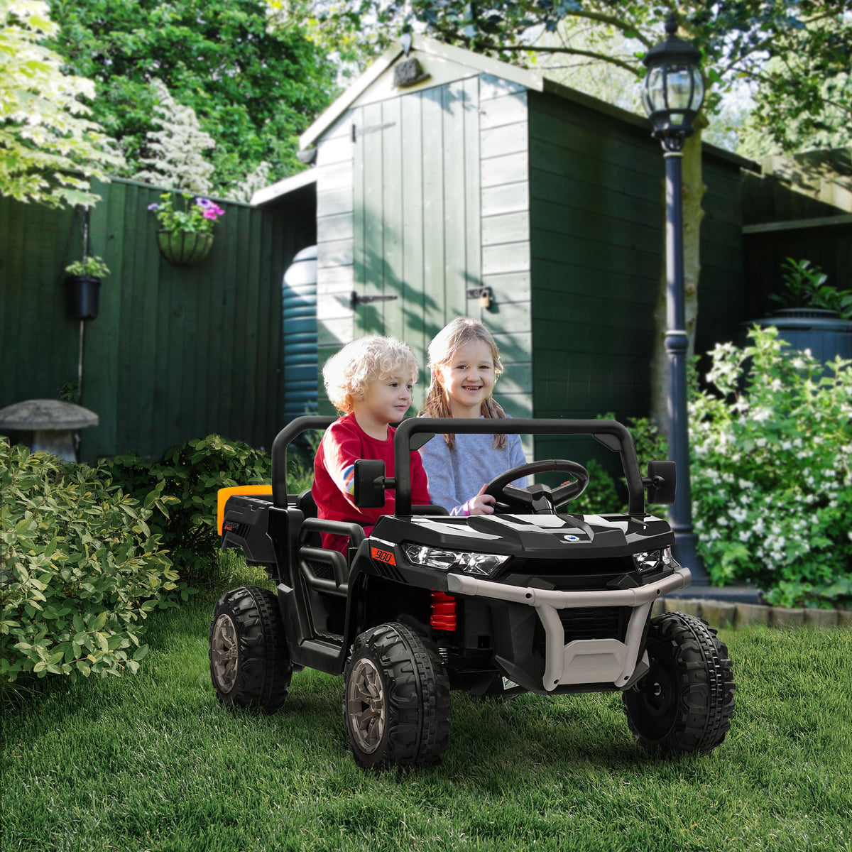 12V Ride on Car with Electric Bucket, Two-Seater, Shovel, Remote Control, Spring Suspension, Horn, Music-Toys & Games > Baby & Toddler Toys > Electric Ride-On Toys > Electric Toy Cars-DECOROLALA