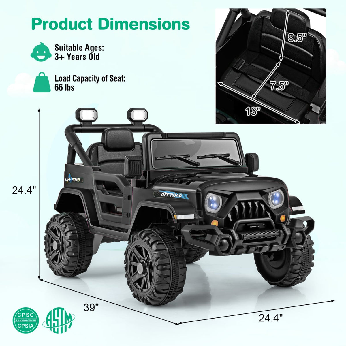 12V Kids Ride on Truck Car with Remote Control Threaded Wheels and 3 Speeds