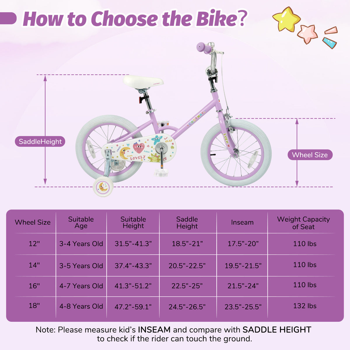 Kids Bike Adjustable for 3-8 Years Old Children - Stars & Moon