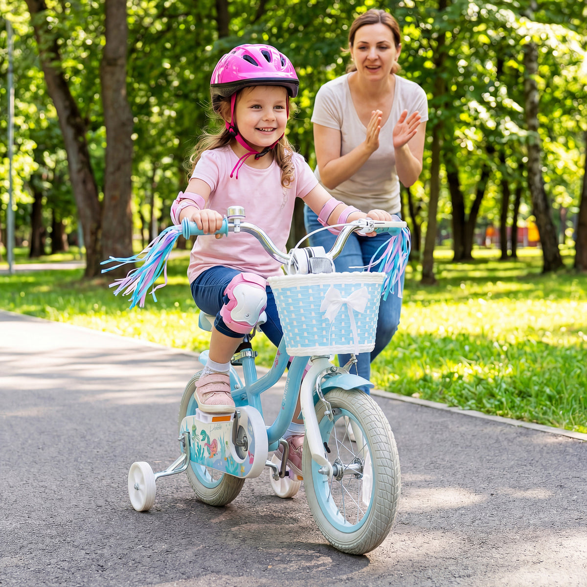 Vélo pour enfants réglable avec panier et serpentins pour enfants de 3 à 5 ans - Thème Princesse de la mer