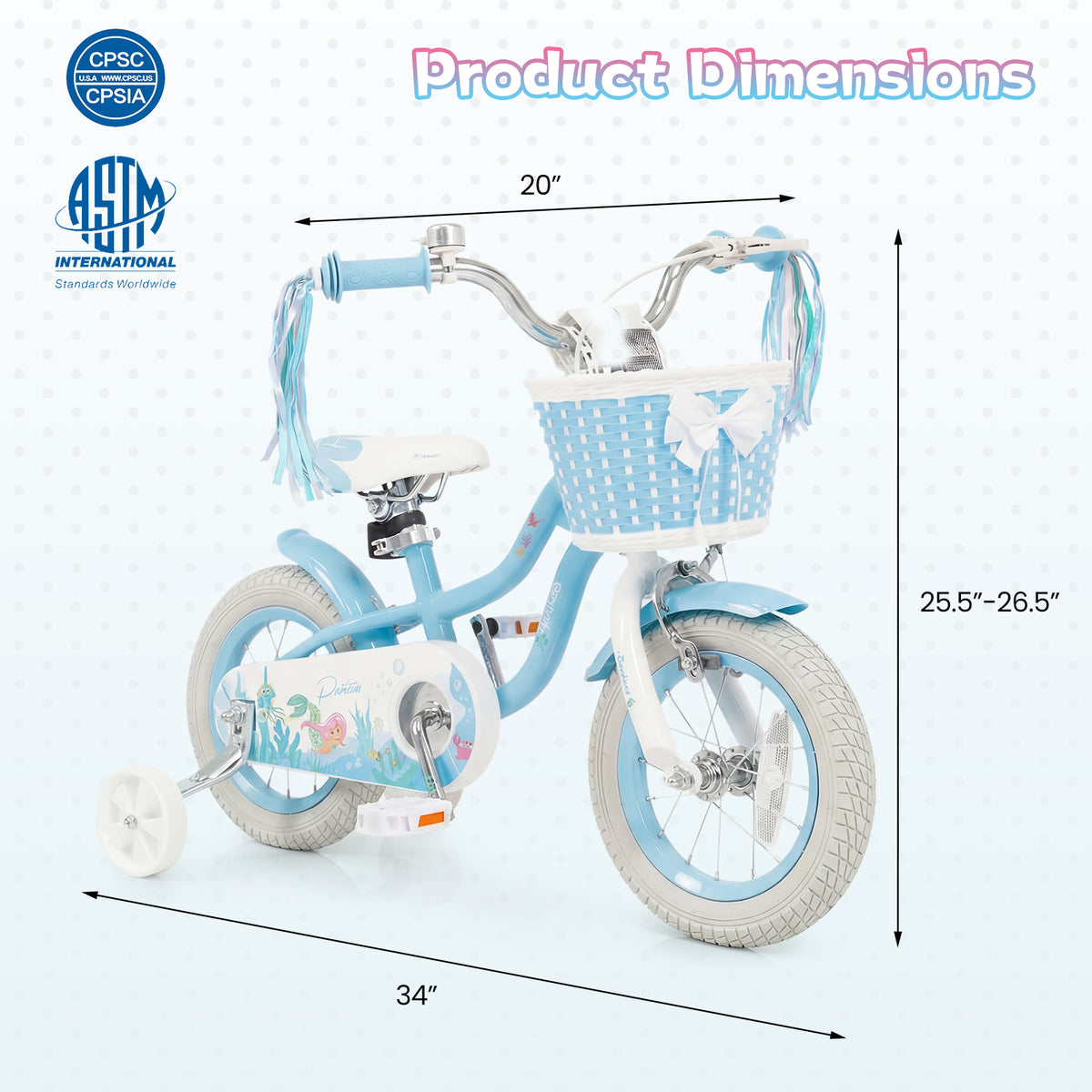 Vélo pour enfants réglable avec panier et serpentins pour enfants de 3 à 5 ans - Thème Princesse de la mer