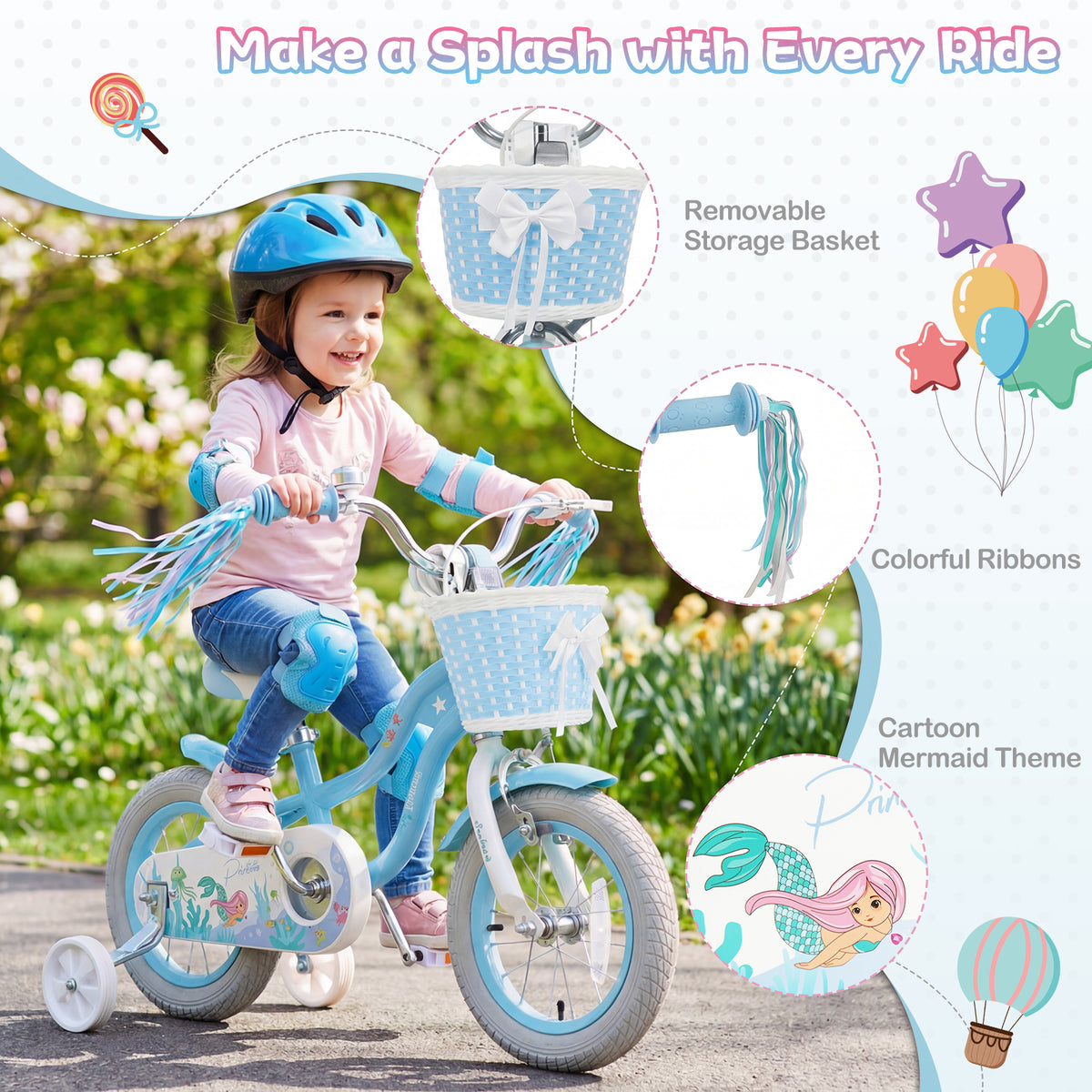 Vélo pour enfants réglable avec panier et serpentins pour enfants de 3 à 5 ans - Thème Princesse de la mer