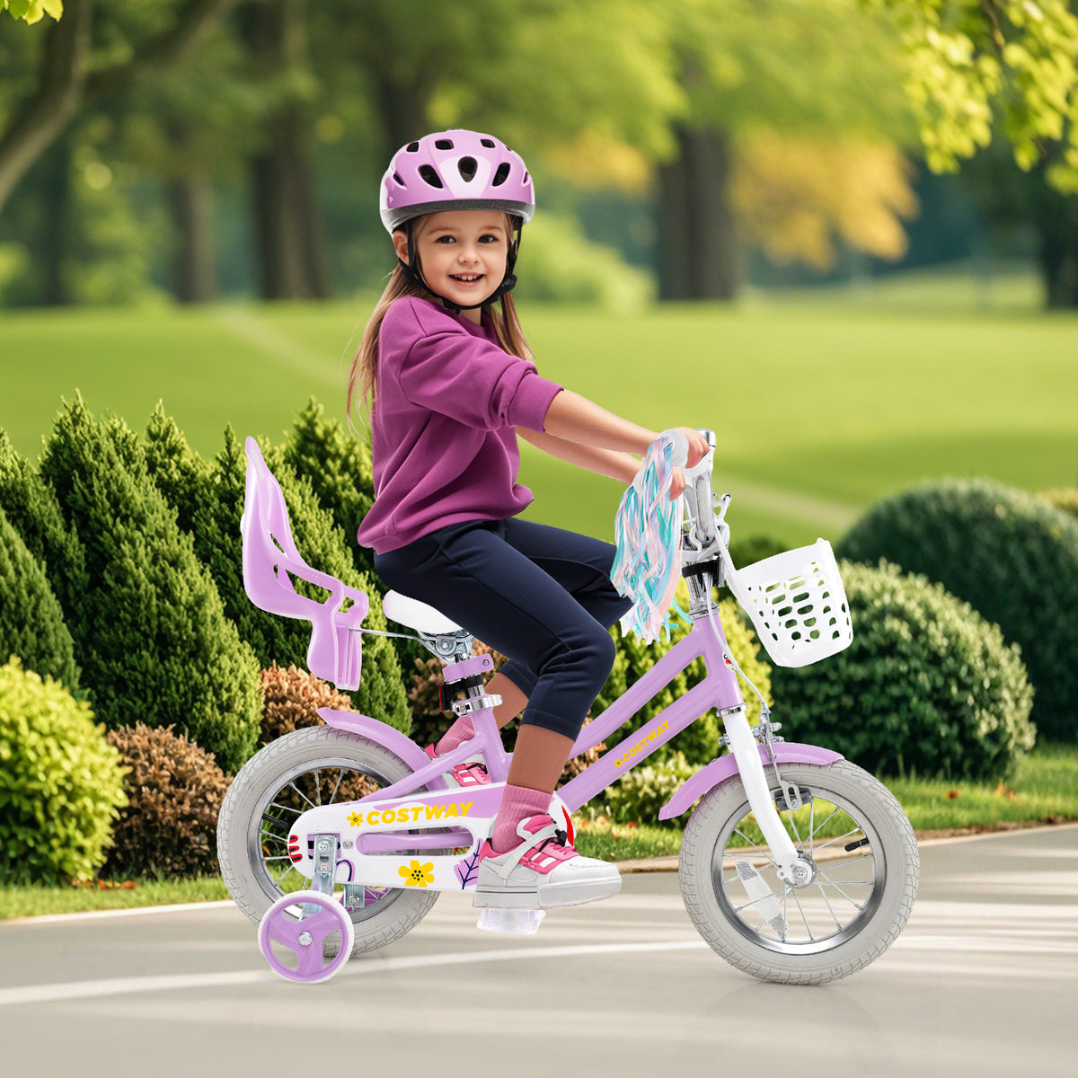 Girls Bike 16-inch Kids Bicycle with Doll Seat and Training Wheels