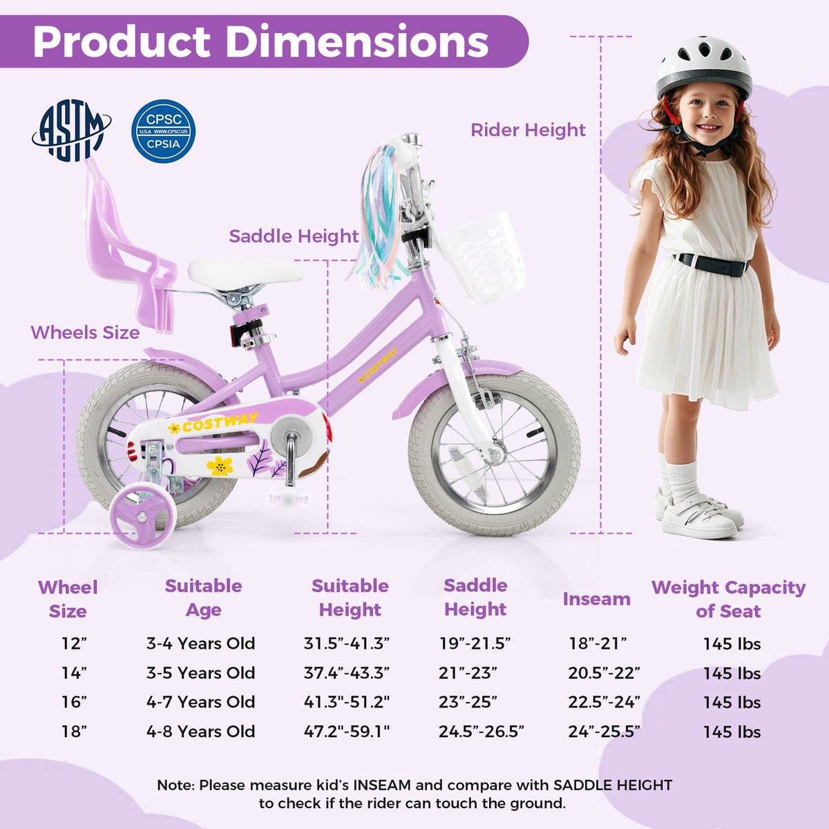 Girls Bike 16-inch Kids Bicycle with Doll Seat and Training Wheels
