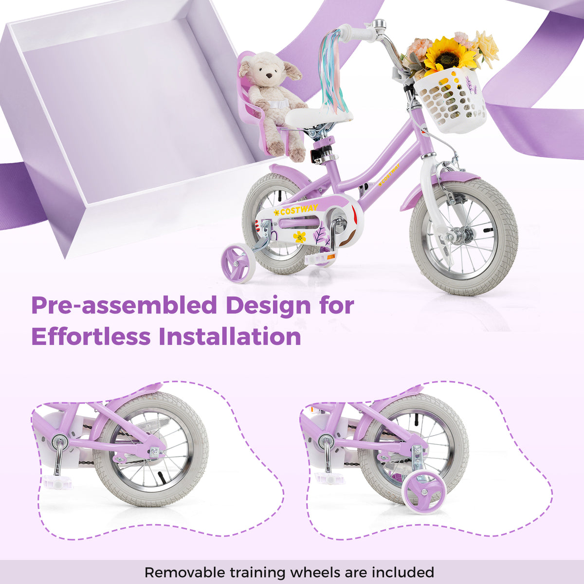 Girls Bike 16-inch Kids Bicycle with Doll Seat and Training Wheels