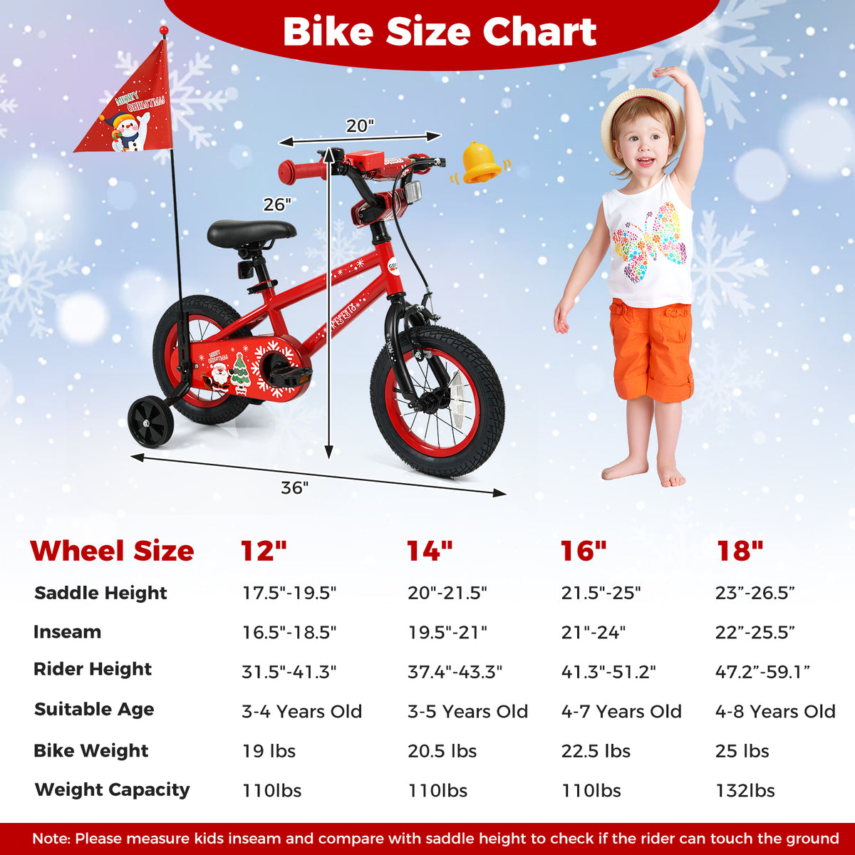 Kids Bike Adjustable with Christmas Music & Flag for Aged 3-5 Years Old