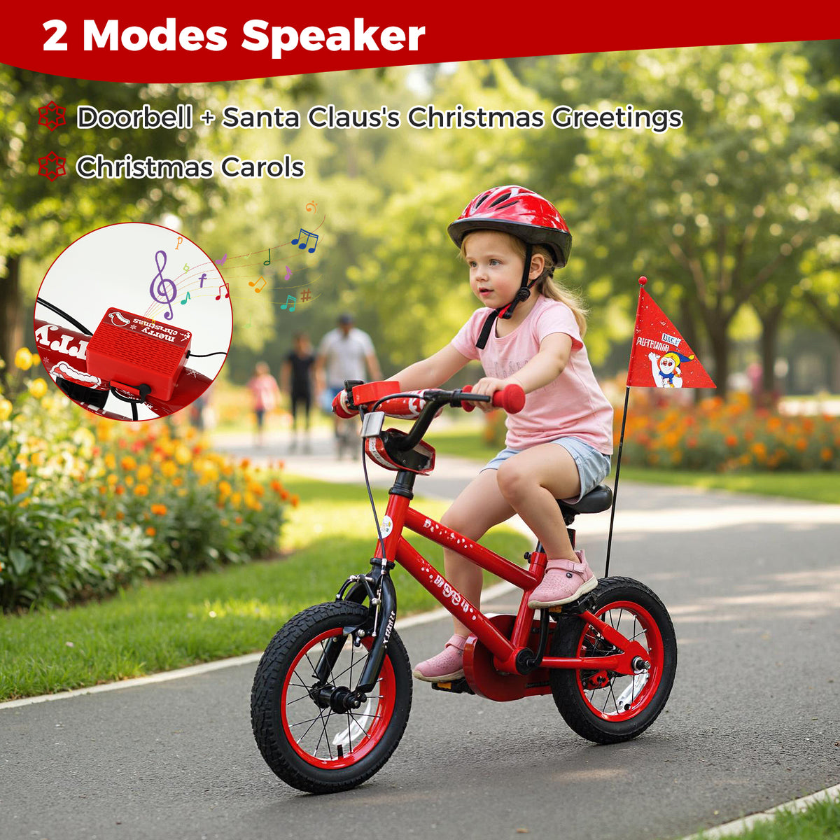 Kids Bike Adjustable with Christmas Music & Flag for Aged 3-5 Years Old