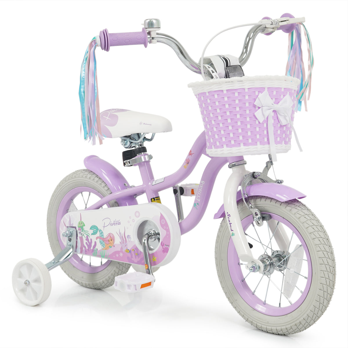 Vélo pour enfant réglable avec panier et rubans - Thème Princesse de la mer