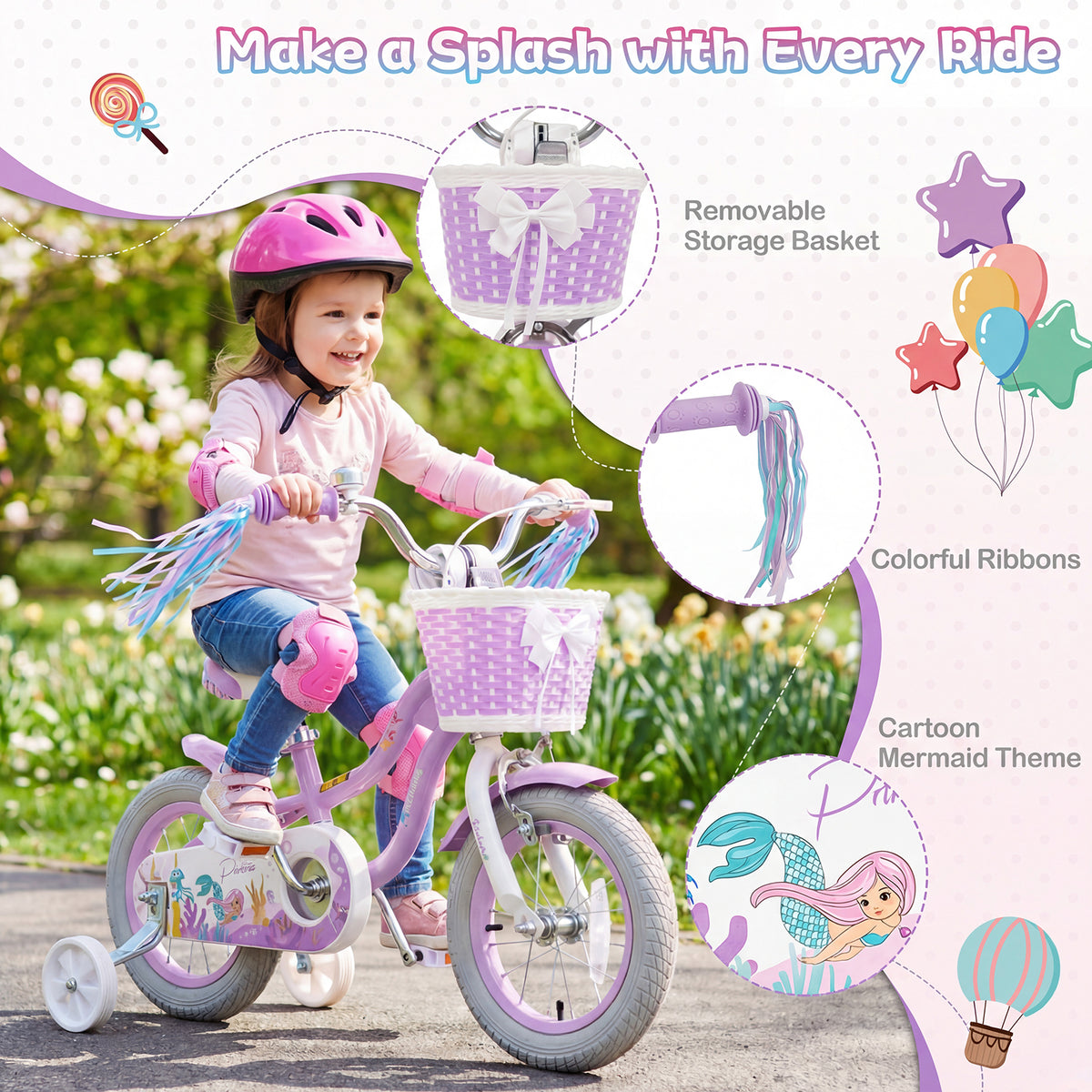 Vélo pour enfant réglable avec panier et rubans - Thème Princesse de la mer