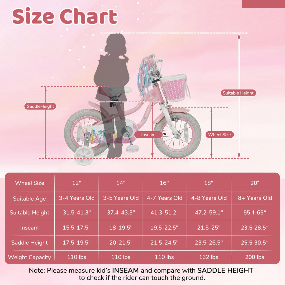 Kids Bike Adjustable with Basket and Streamers for Girls Aged 3-4 Years Old