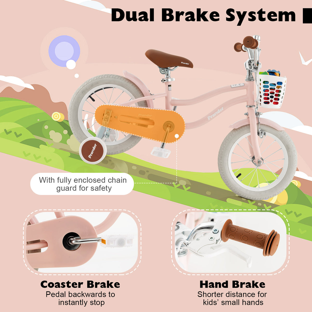 Vélo pour enfants avec frein à main avant et 2 roues stabilisatrices