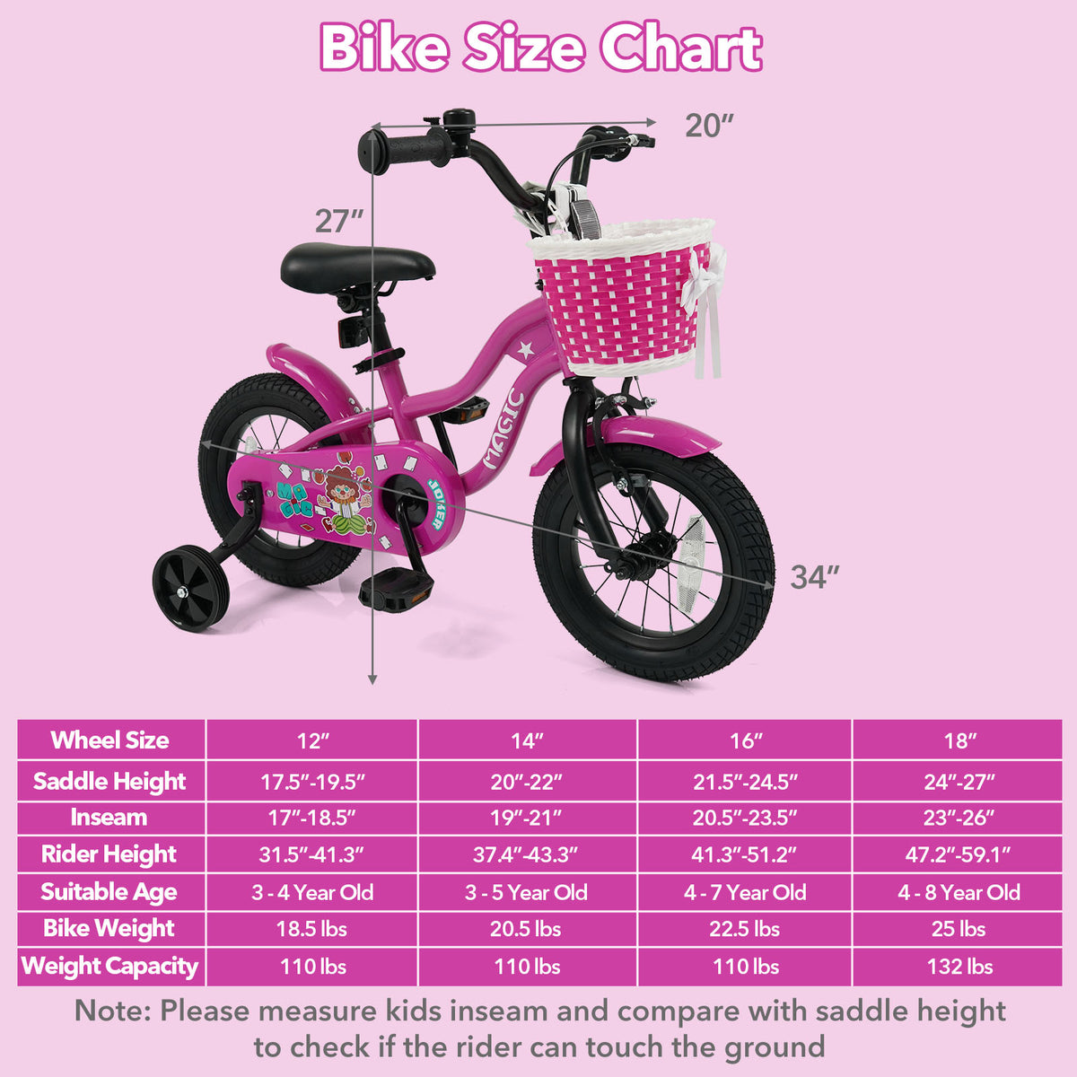 Vélo pour enfant avec petites roues pour 3-4 ans - Rose magique