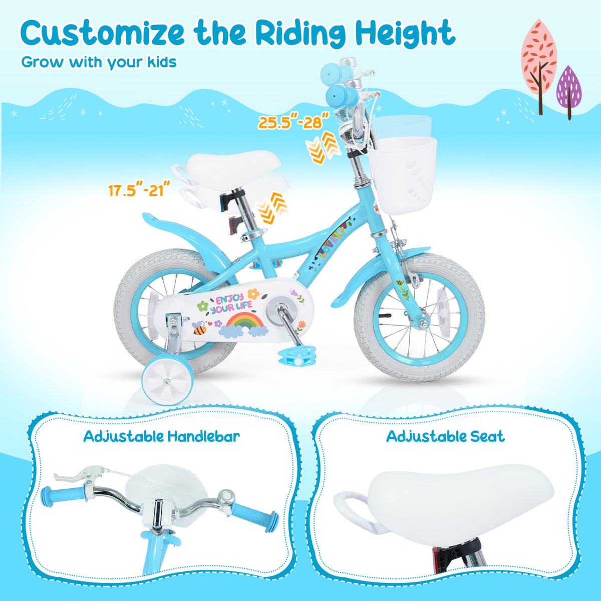 Vélo pour filles de 3 à 4 ans avec roues stabilisatrices et panier - Fête du printemps