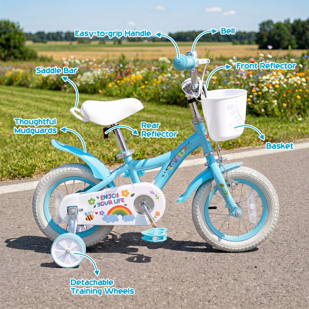 Vélo pour filles de 3 à 4 ans avec roues stabilisatrices et panier - Fête du printemps
