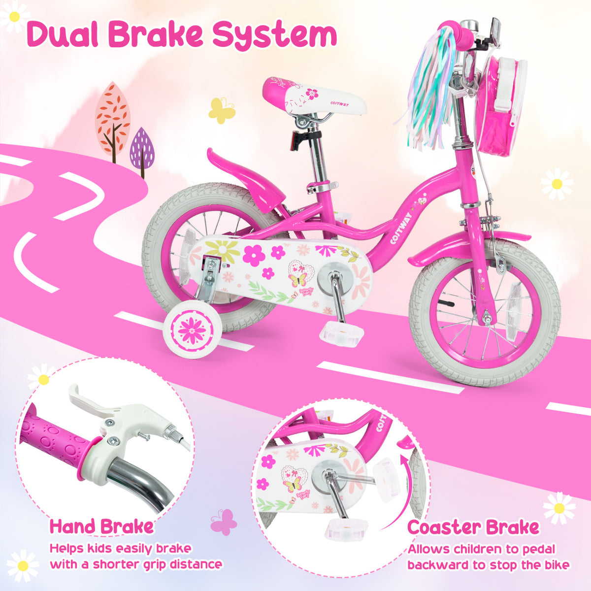 Vélo pour fille avec sac avant et rubans pour 3-4 ans