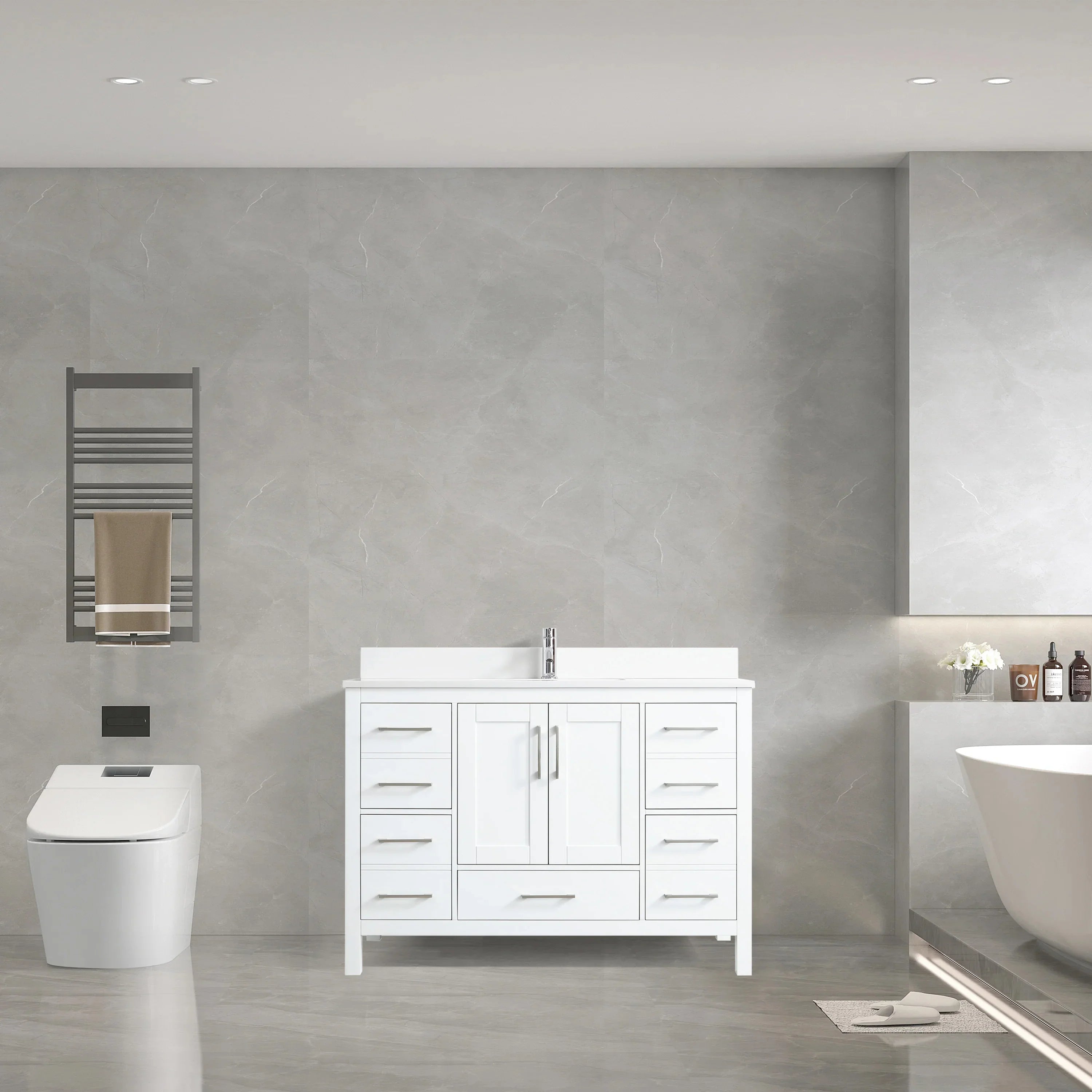 48" White Freestanding Bathroom Vanity with Snow White Quartz Countertop