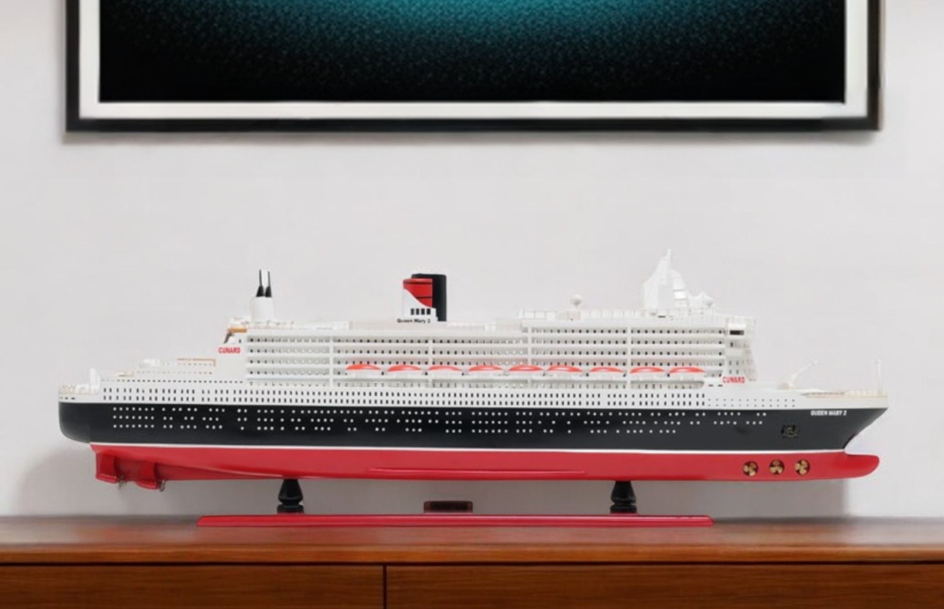 13" Black and Red RMS Queen Mary II Large Boat Hand Painted Decorative Boat-Sculptures-DECOROLALA