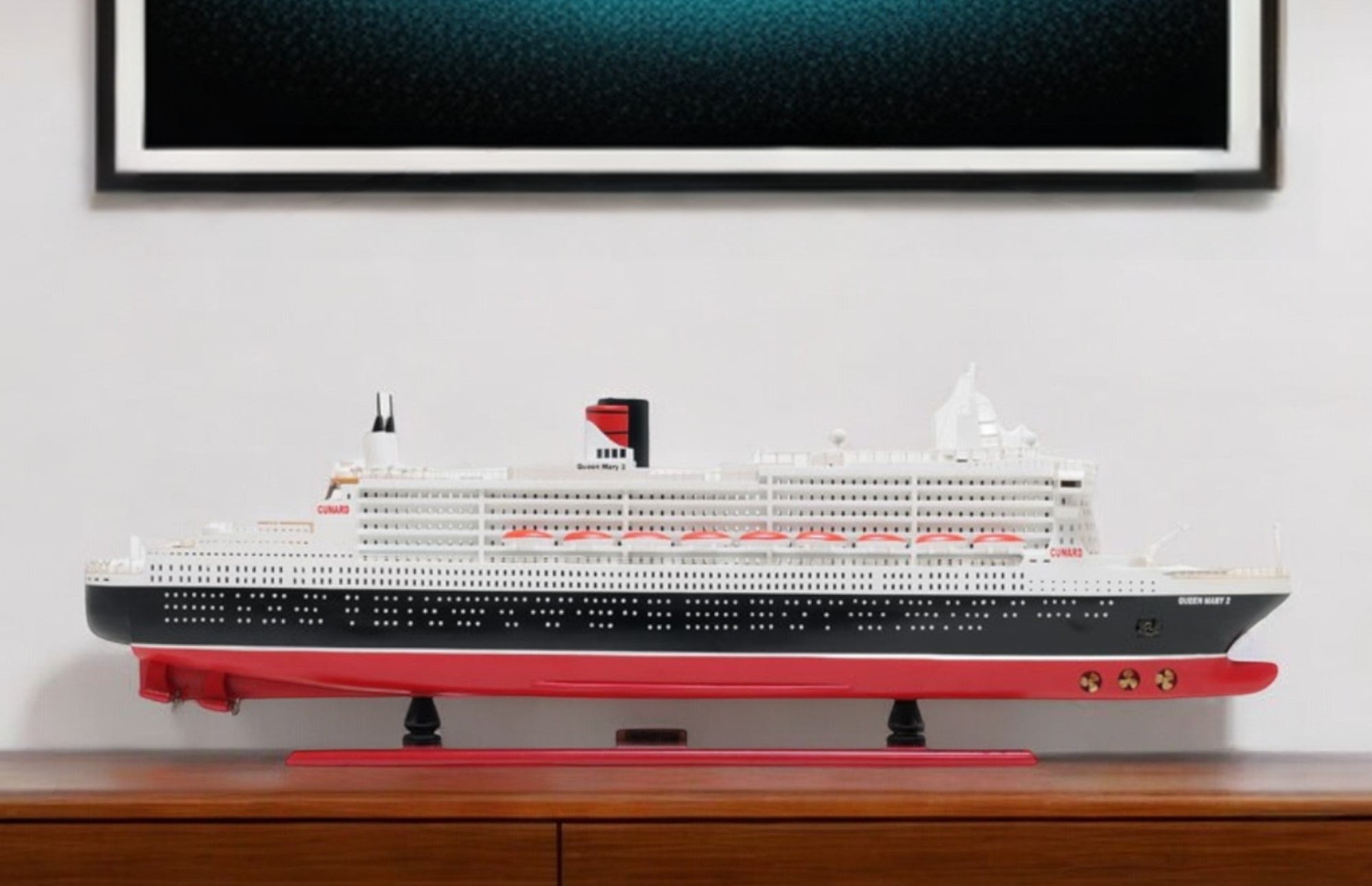 13" Black and Red RMS Queen Mary II Large Boat Hand Painted Decorative Boat-Sculptures-DECOROLALA