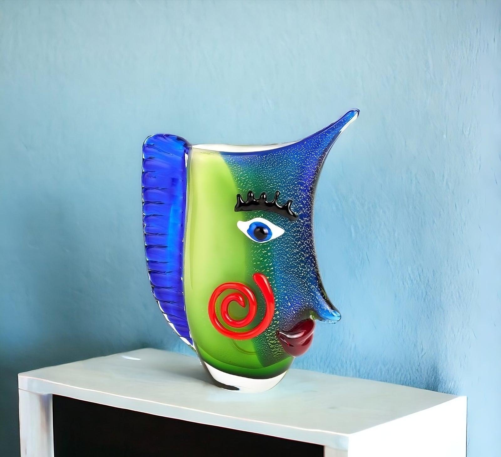 13" Blue and Green Murano Glass Modern Abstract Face Tabletop Sculpture-Sculptures-DECOROLALA