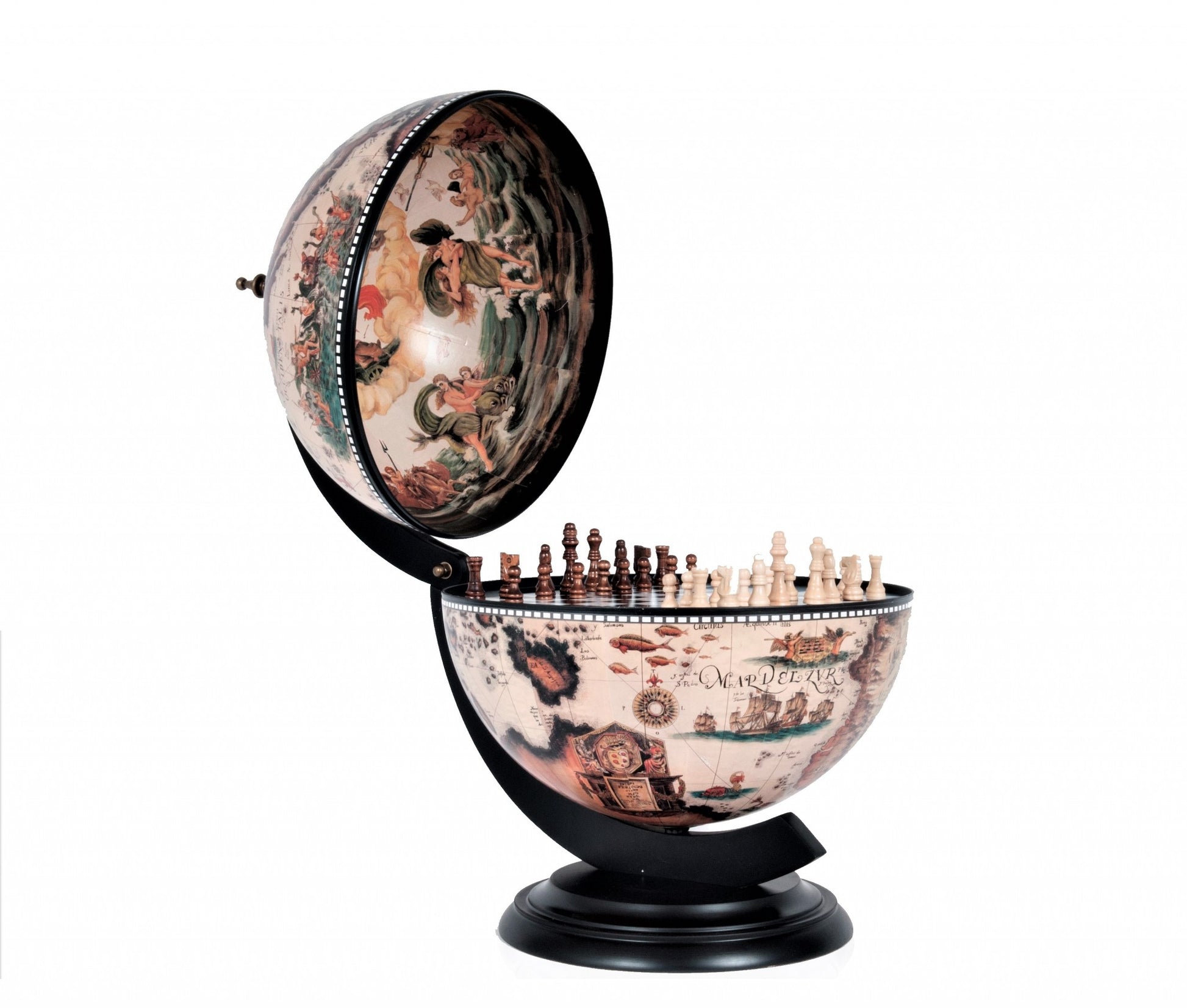 13" Brown And Black World Map Globe Chess Game Set-Sculptures-DECOROLALA