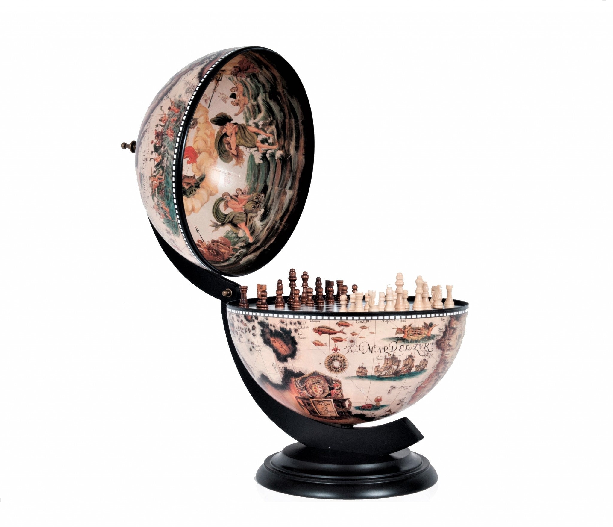 13" Brown And Black World Map Globe Chess Game Set-Sculptures-DECOROLALA