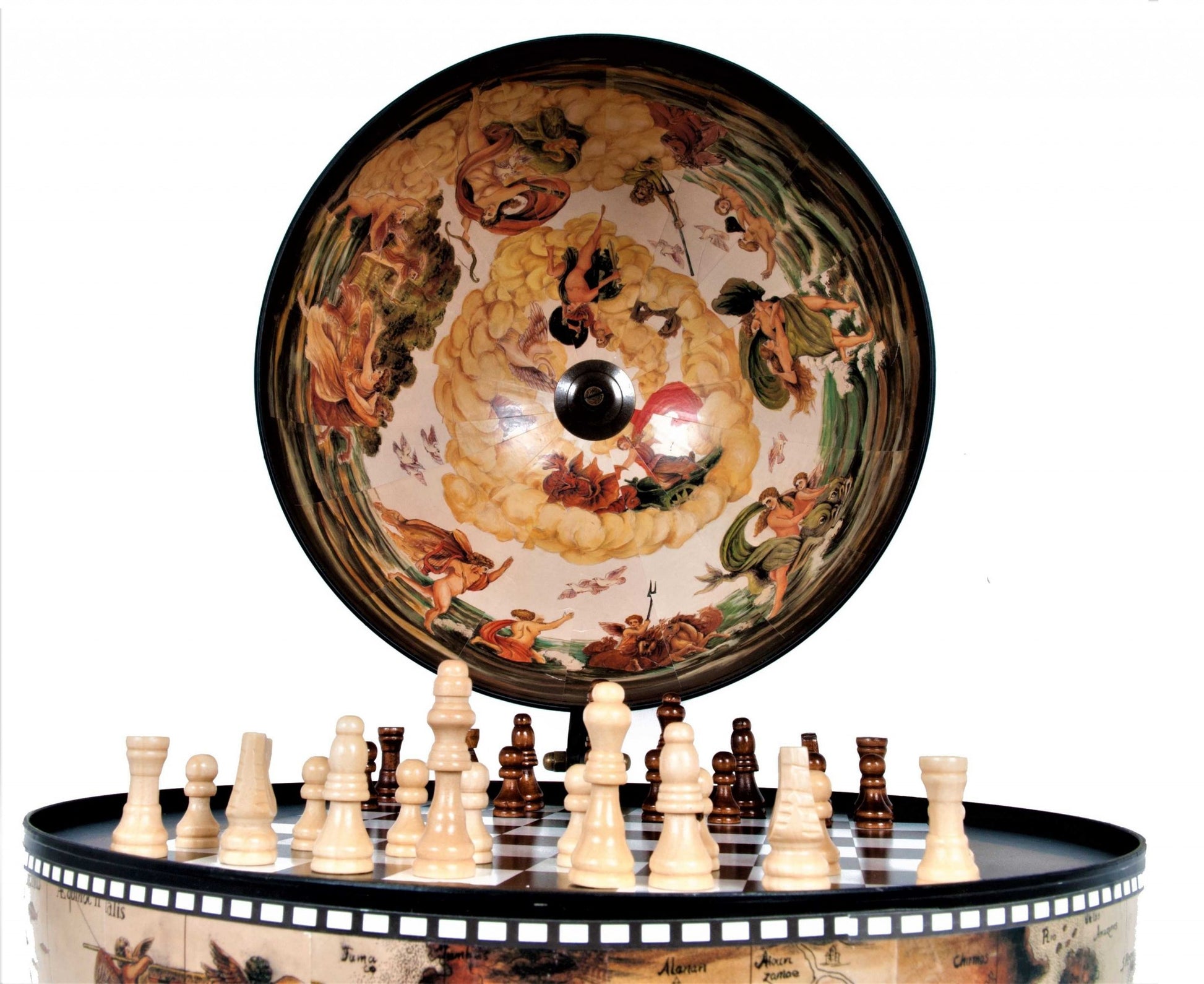 13" Brown And Black World Map Globe Chess Game Set-Sculptures-DECOROLALA
