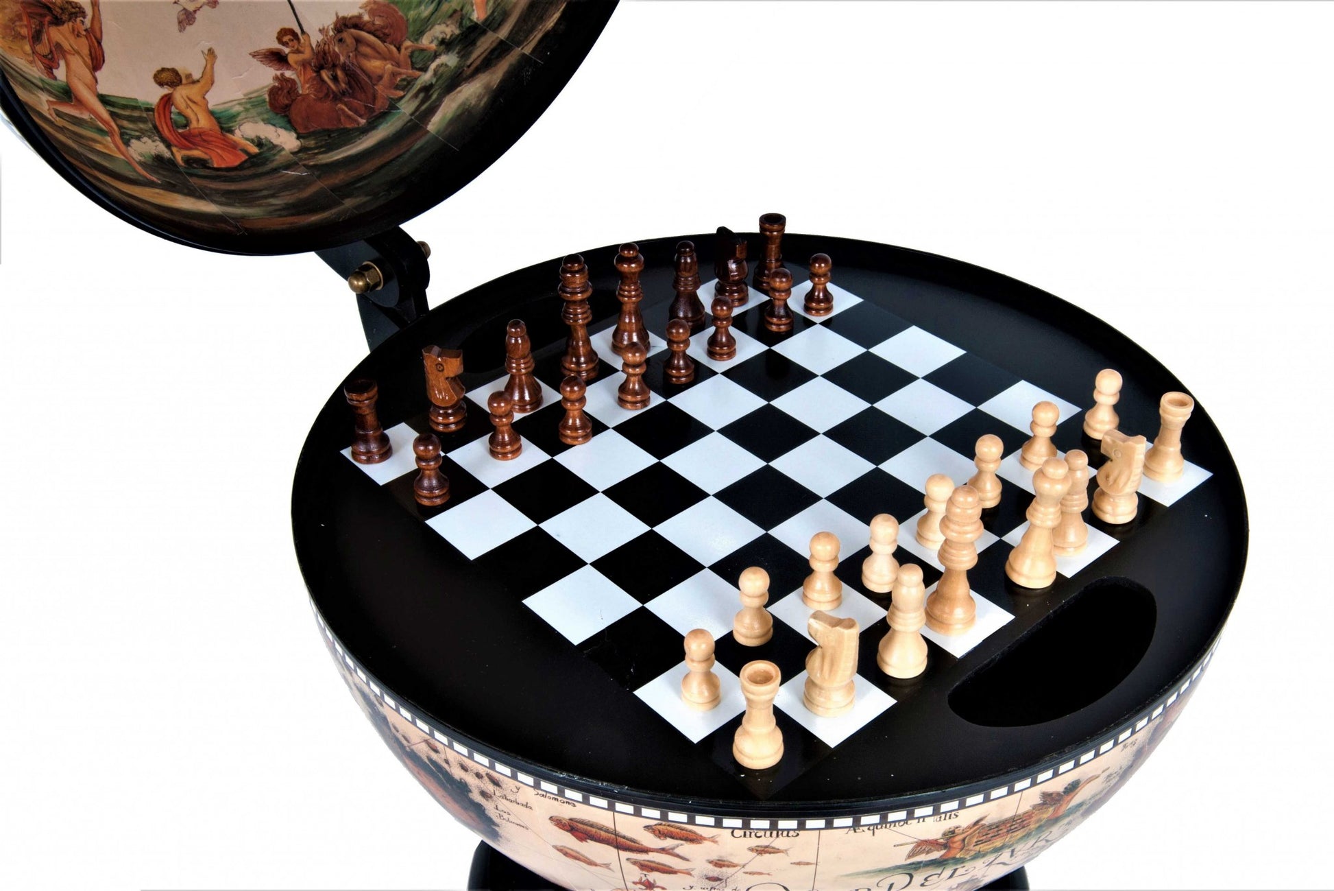 13" Brown And Black World Map Globe Chess Game Set-Sculptures-DECOROLALA