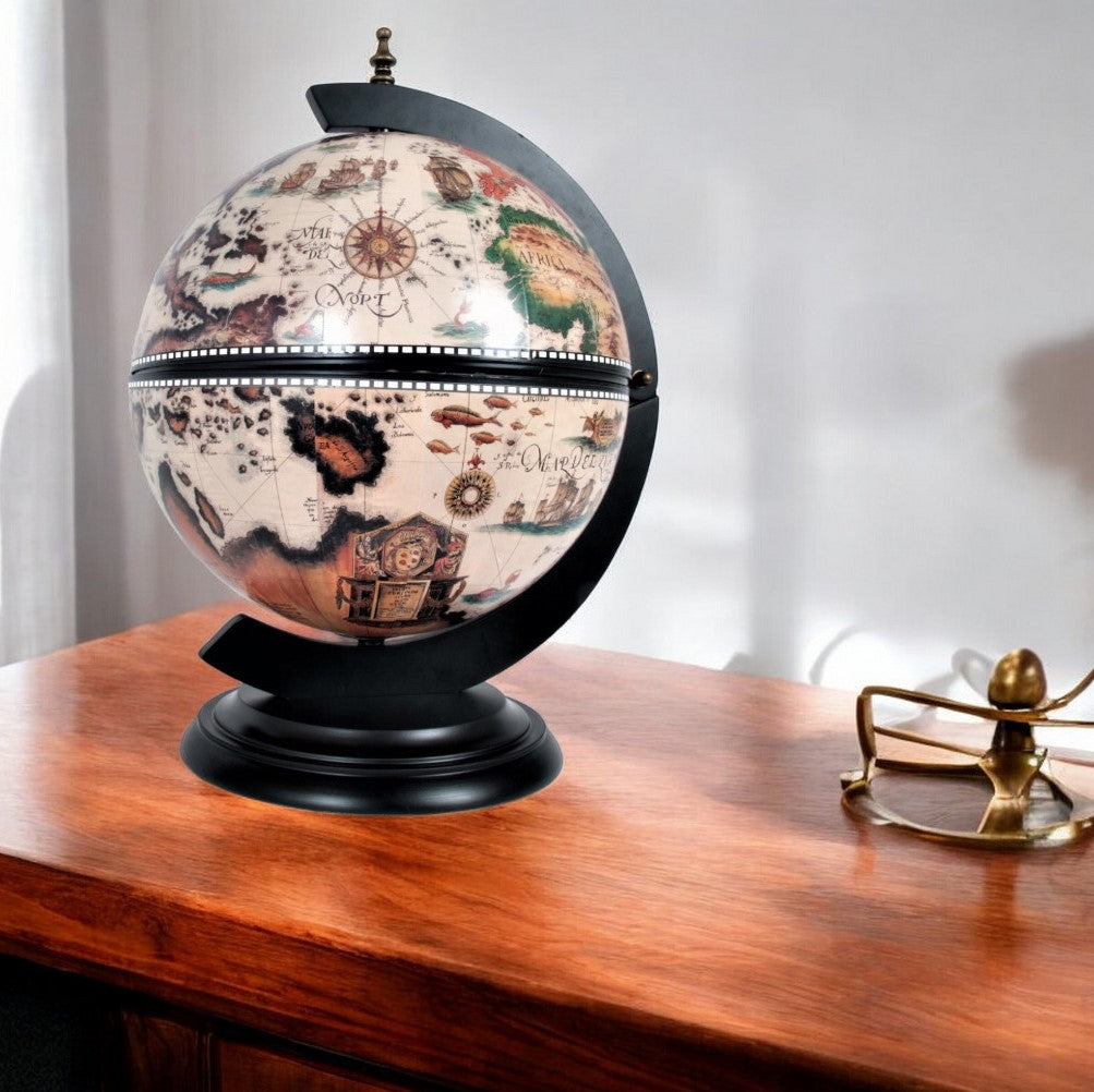 13" Brown And Black World Map Globe Chess Game Set-Sculptures-DECOROLALA