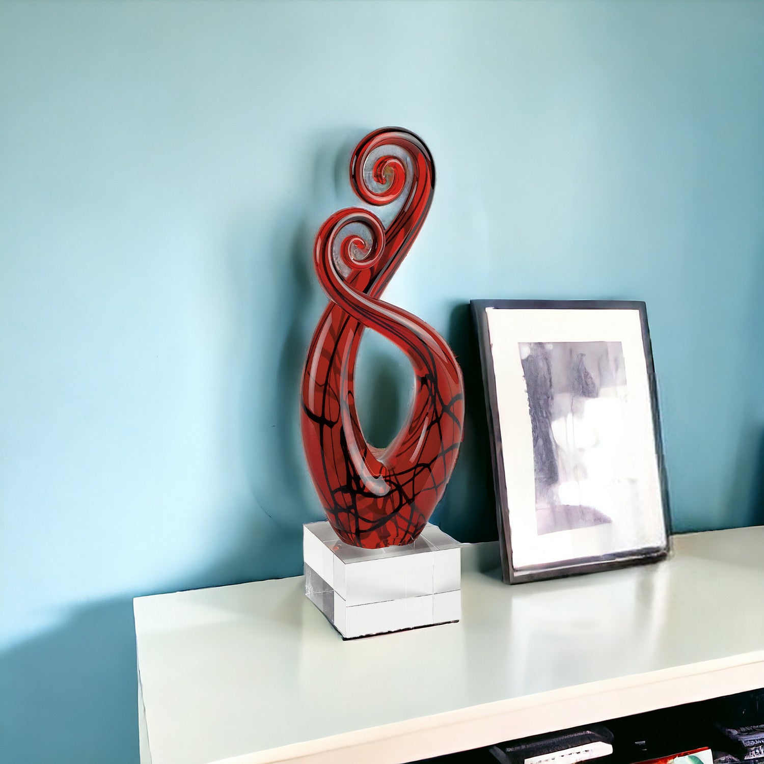 13" Clear Burgundy and Black Murano Glass Modern Abstract Tabletop Sculpture-Sculptures-DECOROLALA